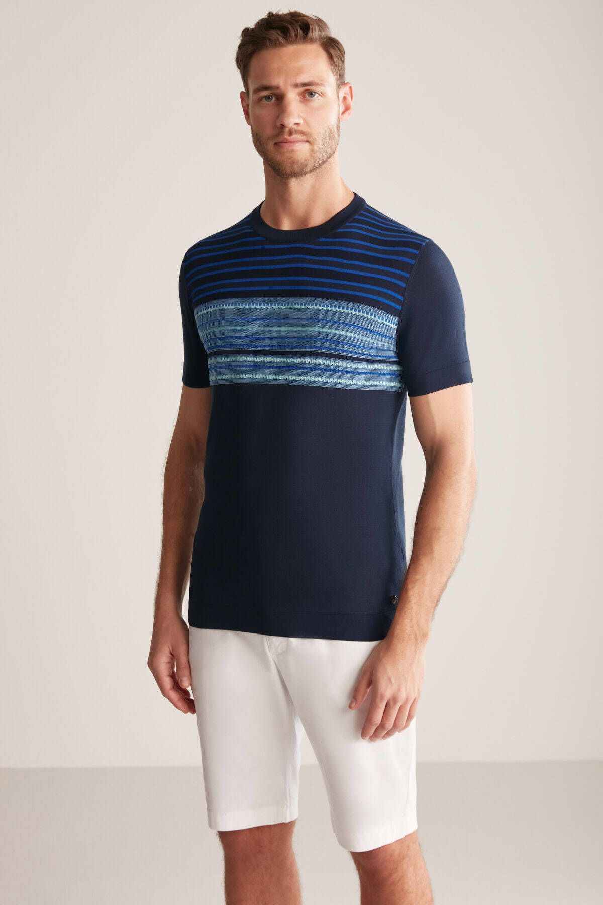 Hemington İpek Pamuk Karışım Çizgi Desenli Lacivert Triko T-Shirt