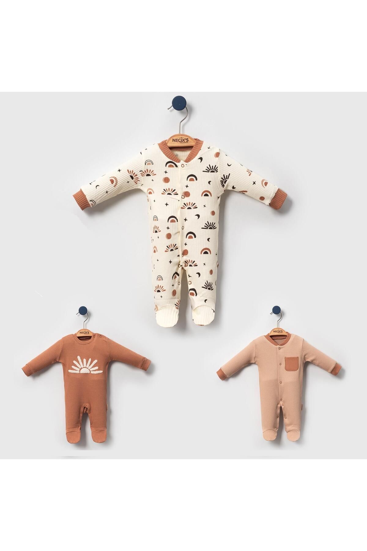 Necix's Güneş Figürü Nakışlı Erkek Bebek Üçlü Patikli Tulum