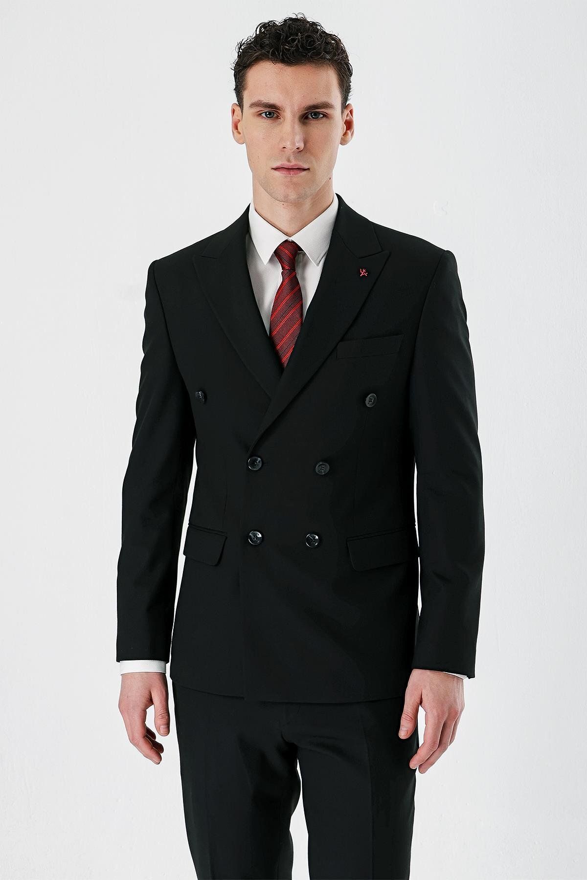 İmza Siyah Kırlangıç Yaka Kruvaze Likralı 6 Drop Slim Fit Dar Kesim Klasik Takım Elbise 1001240166