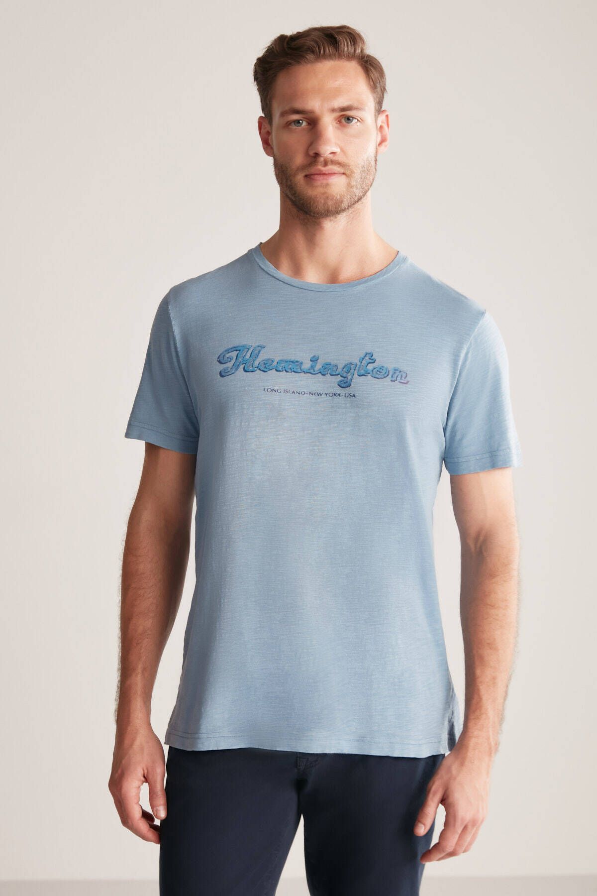 Hemington Nakış Logolu Bisiklet Yaka Mavi Pamuk T-shirt