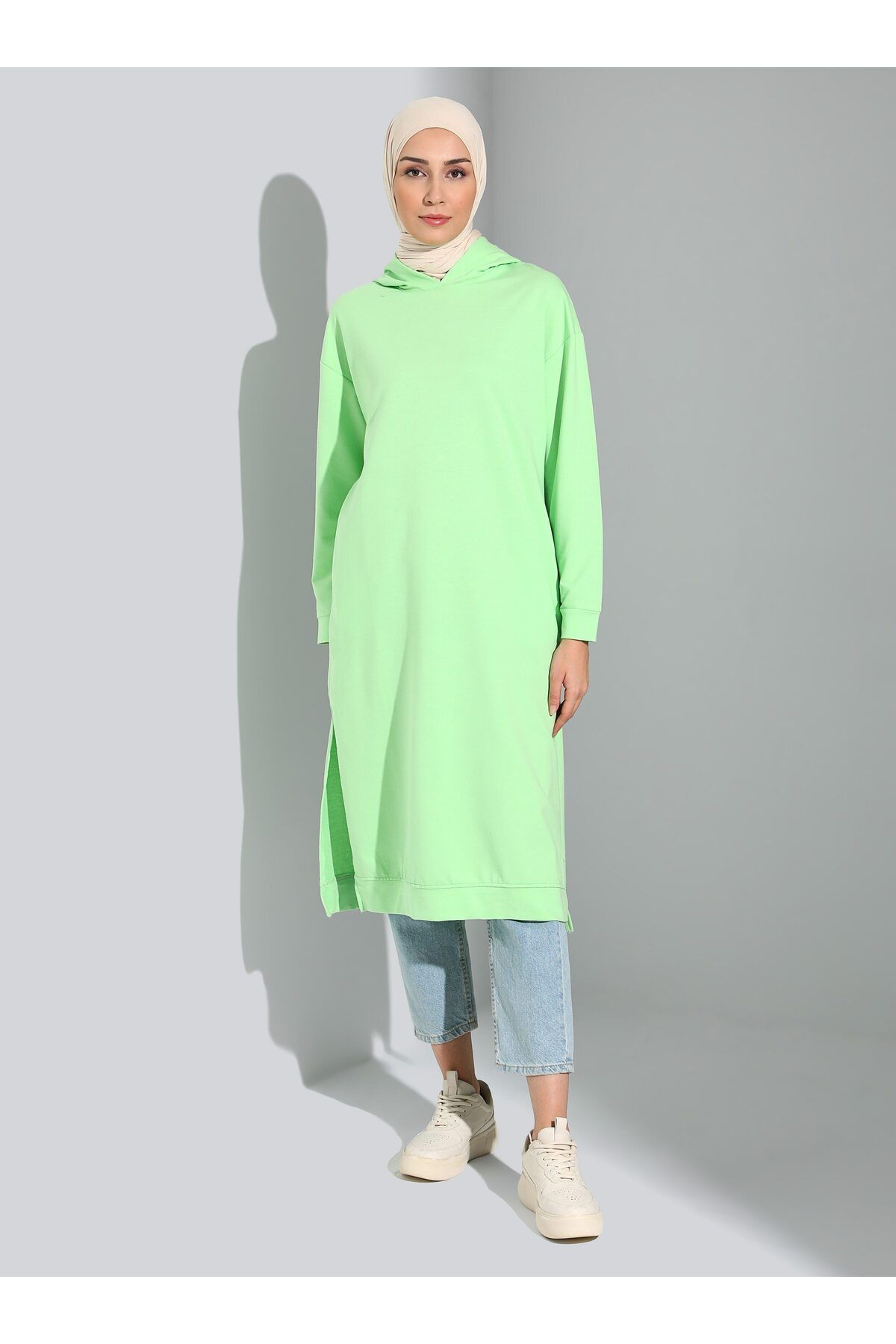 Bwest Kapüşonlu Uzun Sweatshirt - Açık Yeşil - Bwest