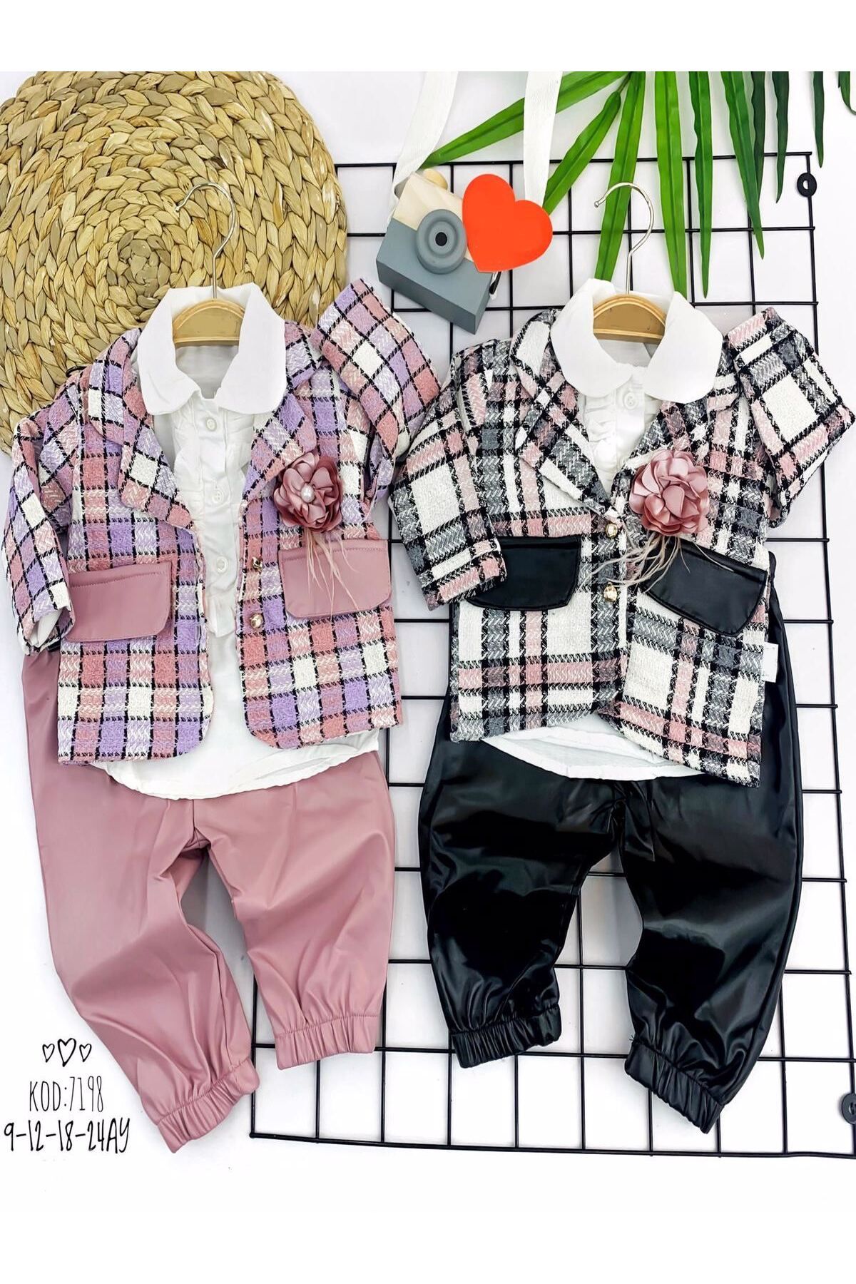 Zenonline ZenWave  Yaka Gül Detaylı Cepli Ceketli Uzun Kollu Örme Kumaş Kız Bebek Takımı