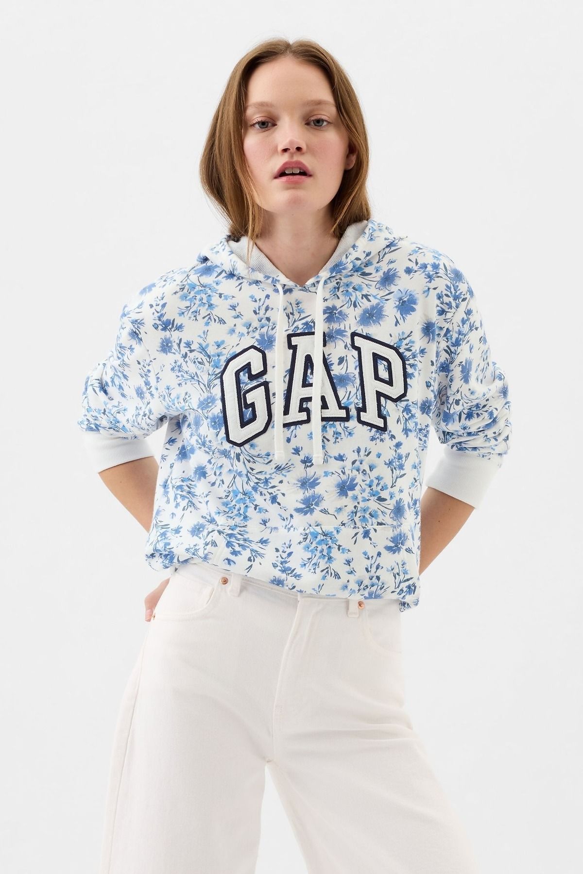 GAP Kadın Mavi Çiçek Desenli Gap Logo Fransız Havlu Kumaş Sweatshirt