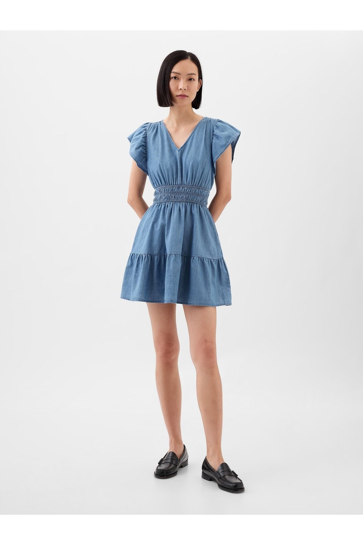 GAP Kadın Mavi Büzgülü Fırfır Kollu Mini Elbise