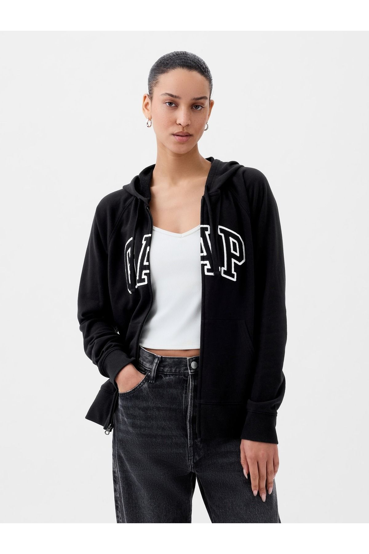 GAP Kadın Siyah Gap Logo Fermuarlı Fransız Havlu Kumaş Sweatshirt