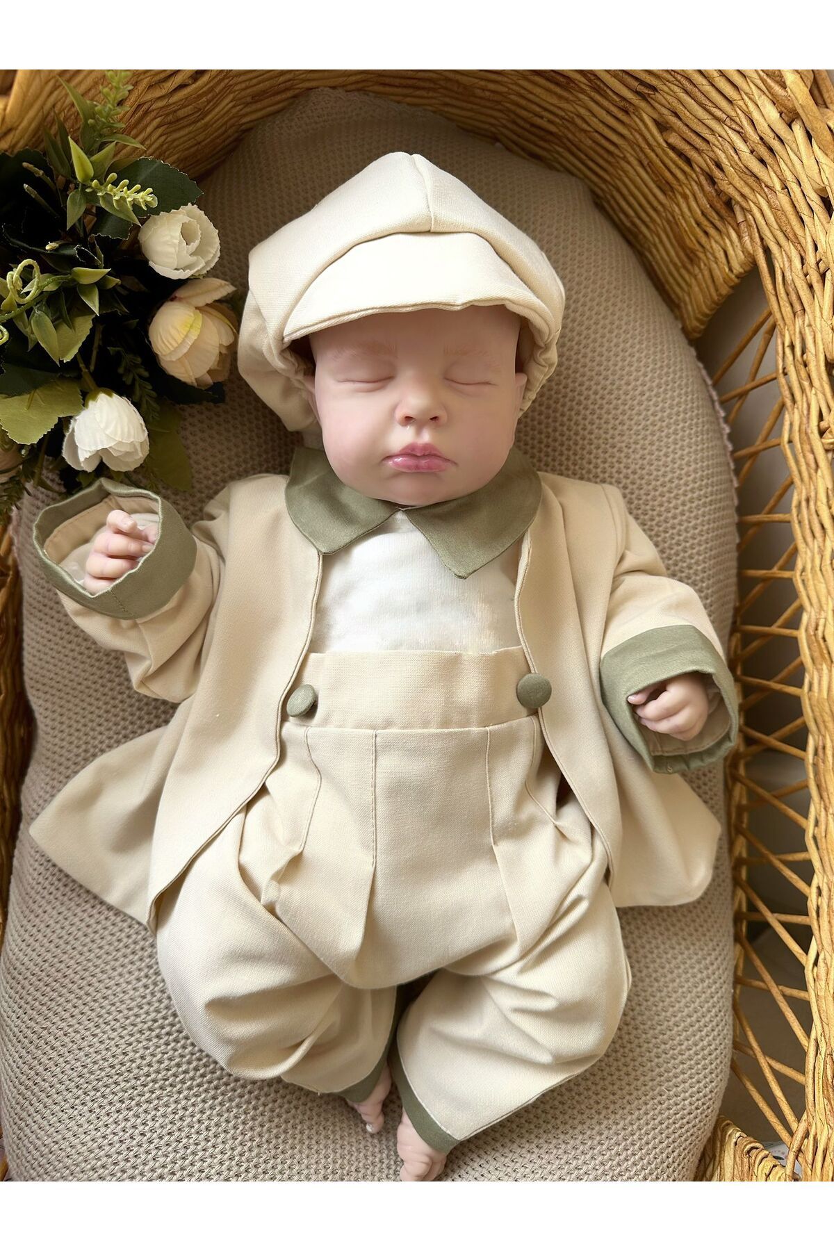 Mama Miel Baby Sütlü Kahve Ceketli Haki Düğme Detaylı Birleşik Pantolon-Tulum ve Kasket / Mevlit & Bayramlara Uygun