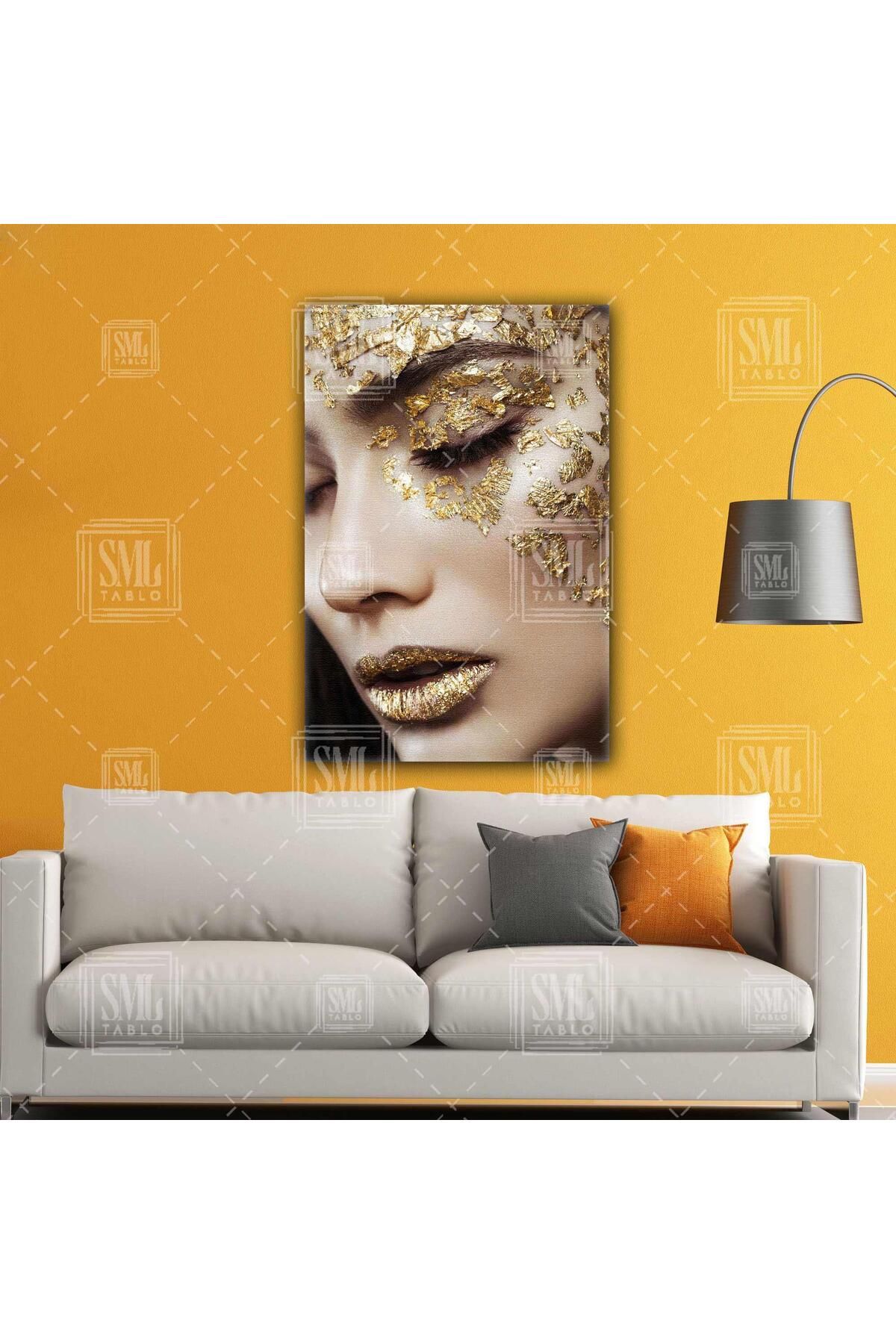 SML TABLO Altın Yüzlü Kadın Model Gold Dudak Makyaj Kuaför Dikey Kanvas Tablo