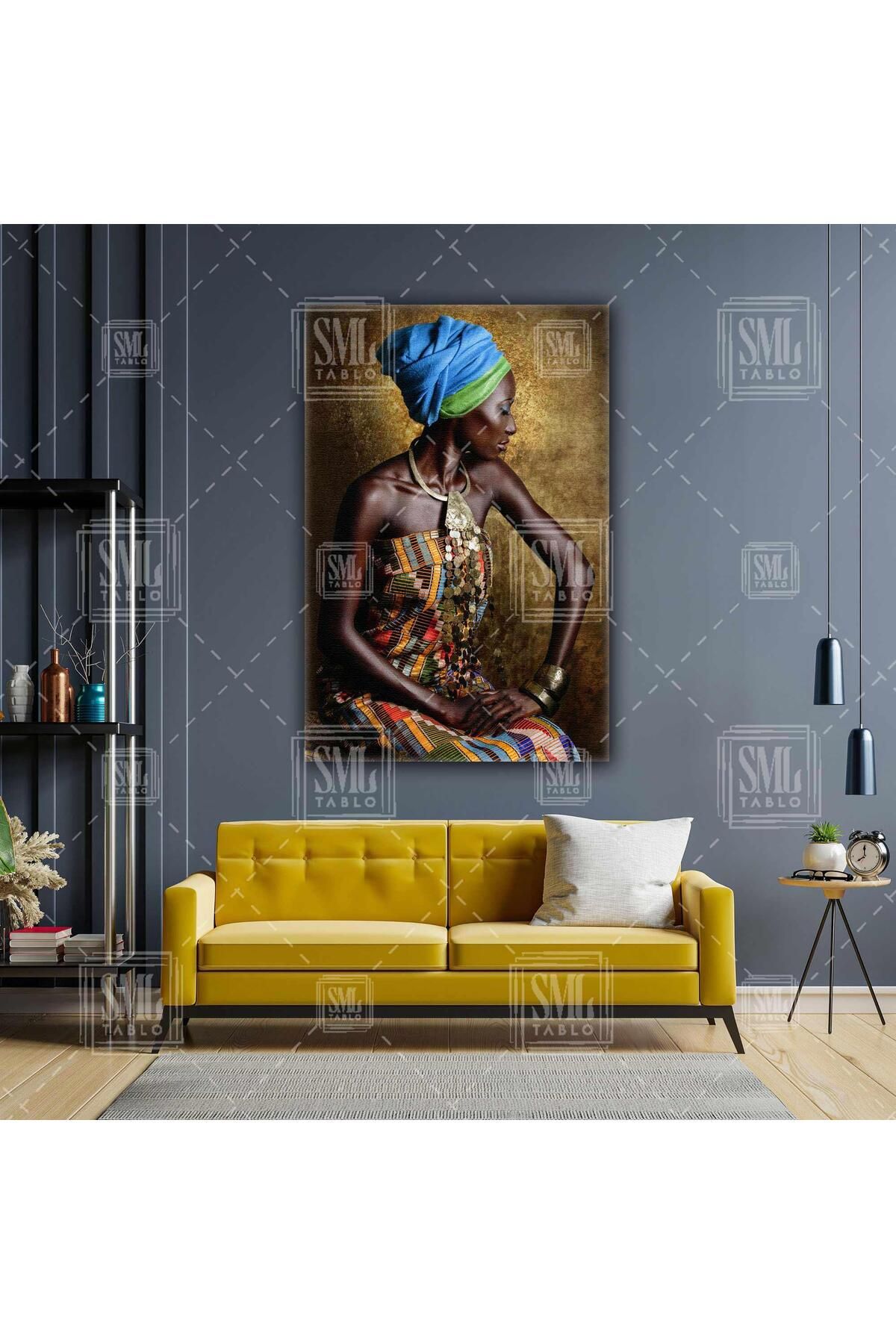 SML TABLO Afrikalı Kadın Gold Bilezik Küpe Eşarp Etnik Kıyafet Dikey Kanvas Tablo