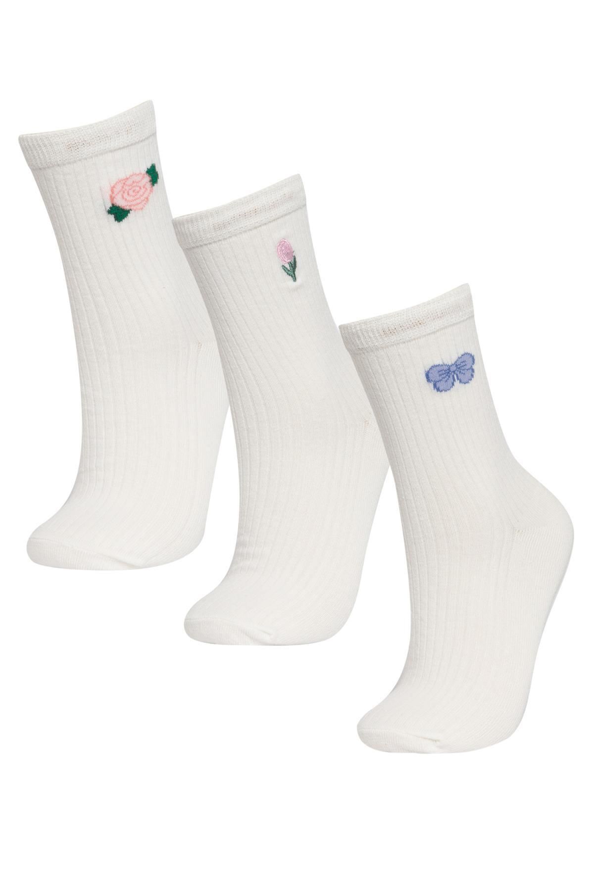 Defacto Kadın Gül Baskılı Nakış 3'lü Pamuklu Uzun Çorap B6103axns
