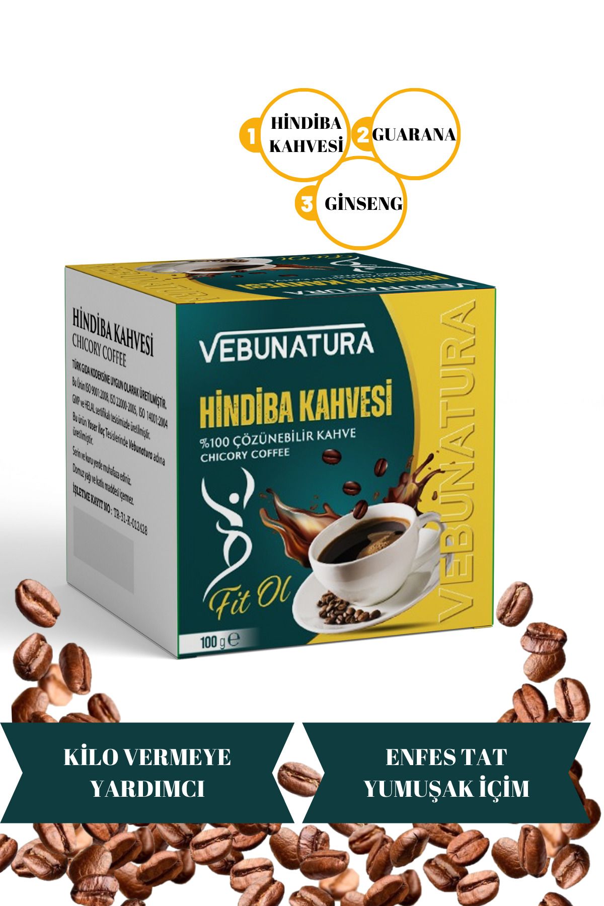 VEBUNATURA Hindiba Kahvesi, Guarana,Ginseng Detox Kahve 1 Aylık -( 60 Kullanım ) NET 100gr
