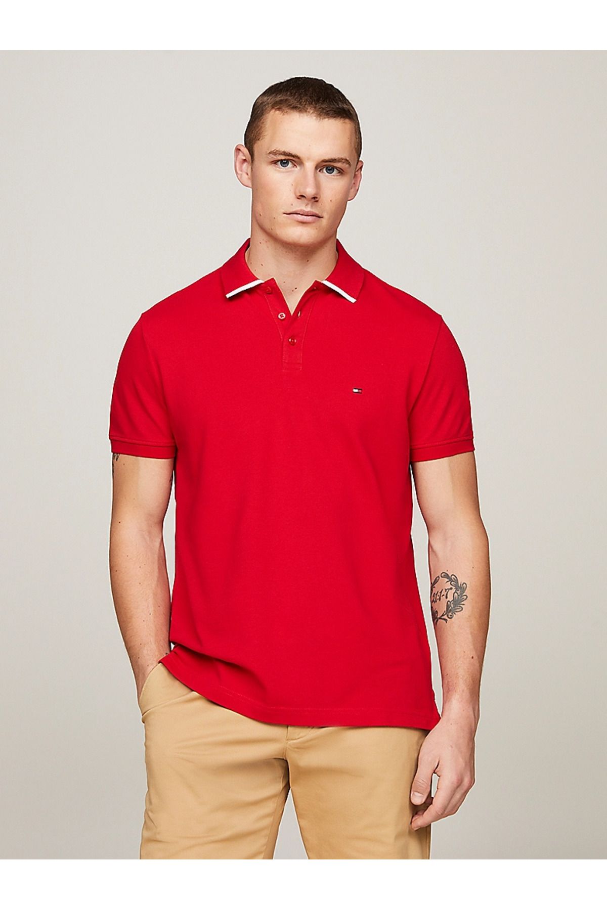 Tommy Hilfiger Erkek Logolu Polo Yakalı Kısa Kollu Düğmeli Kırmızı Polo Yaka T-Shirt MW0MW34754-XLG