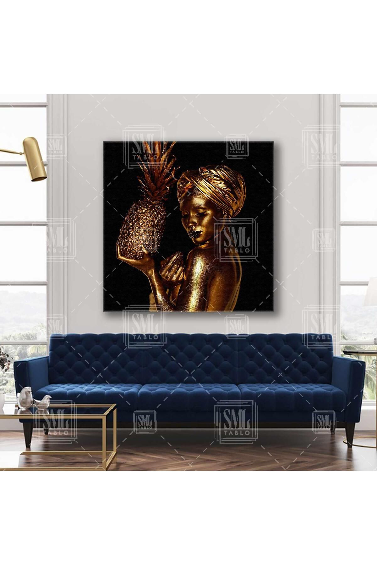 SML TABLO Elinde Ananas Tutan Gold Makyajlı Pırıltılı Dudaklı Kadın Dekoratif Kare Kanvas Tablo