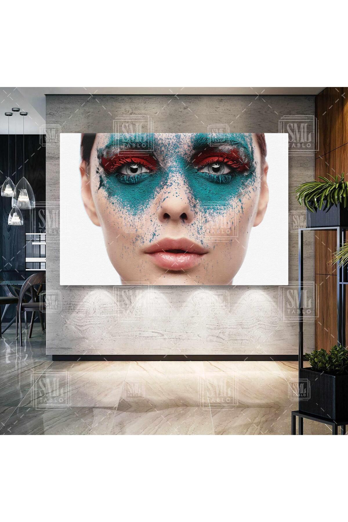 SML TABLO Mavi Ve Kırmızı Toz Göz Makyajlı Kadın Make Up Güzellik Salonu Yatay Kanvas Tablo