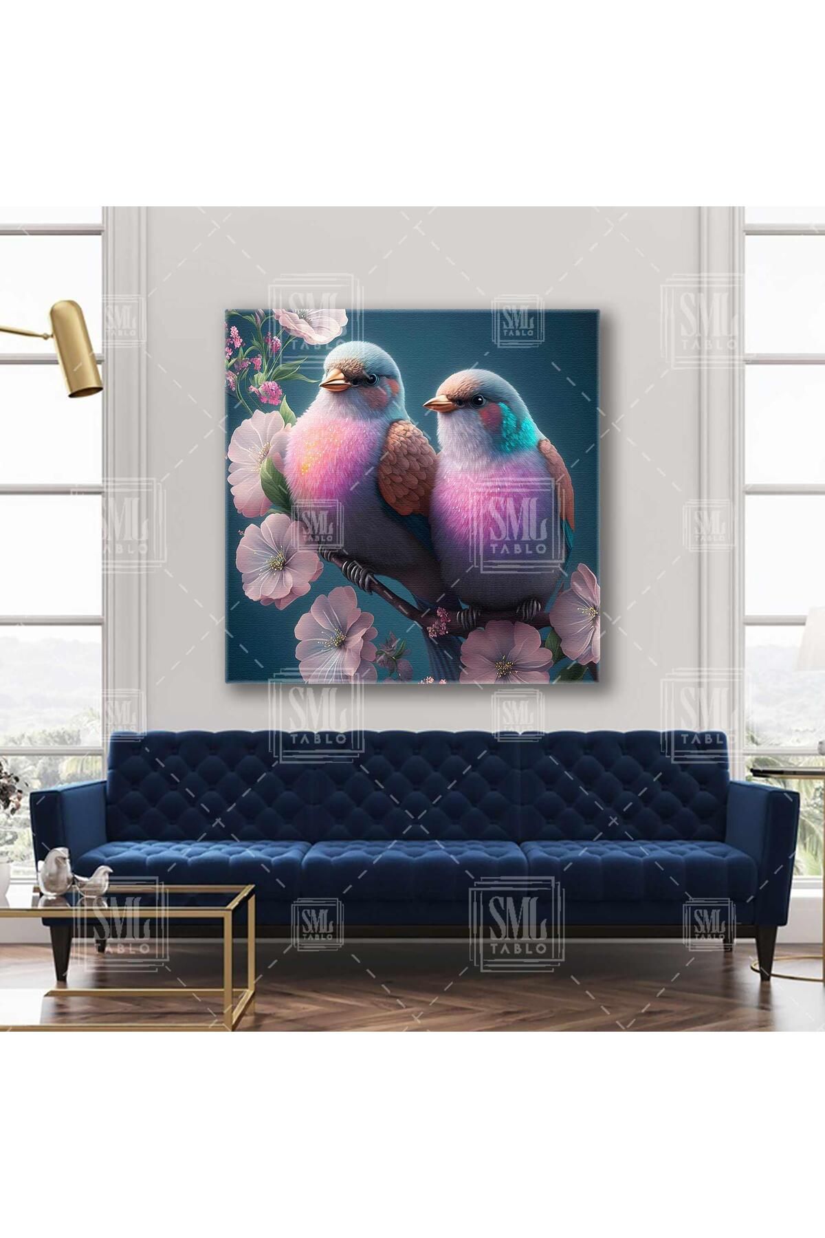 SML TABLO Pembe Çiçekli Dalın Üzerinde Duran Sevimli Kuş Çifti Romantik Kare Kanvas Tablo