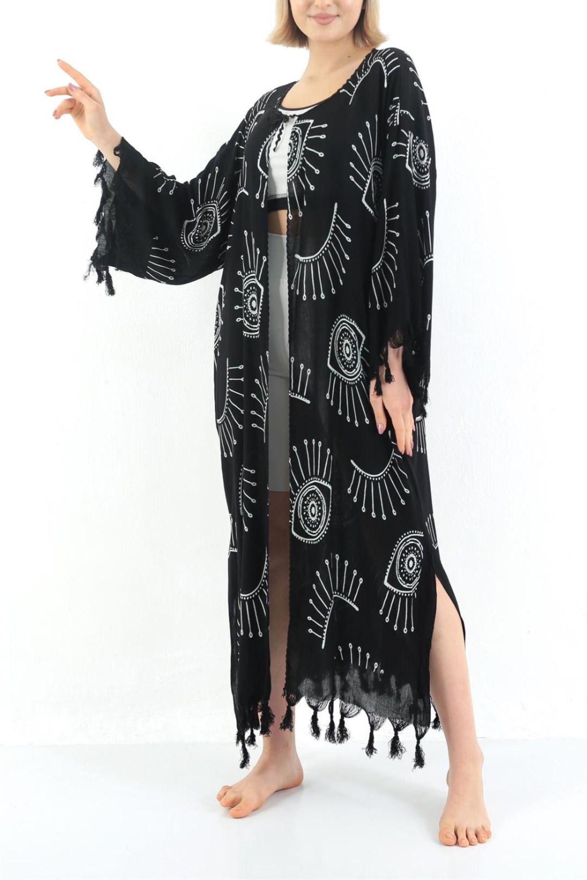 Arden Siyah Kaftan Pareo, Beyaz Göz Desen Keten Pamuk Hafif Bikini & Mayo Üstü Plaj Elbise Festival Kimono