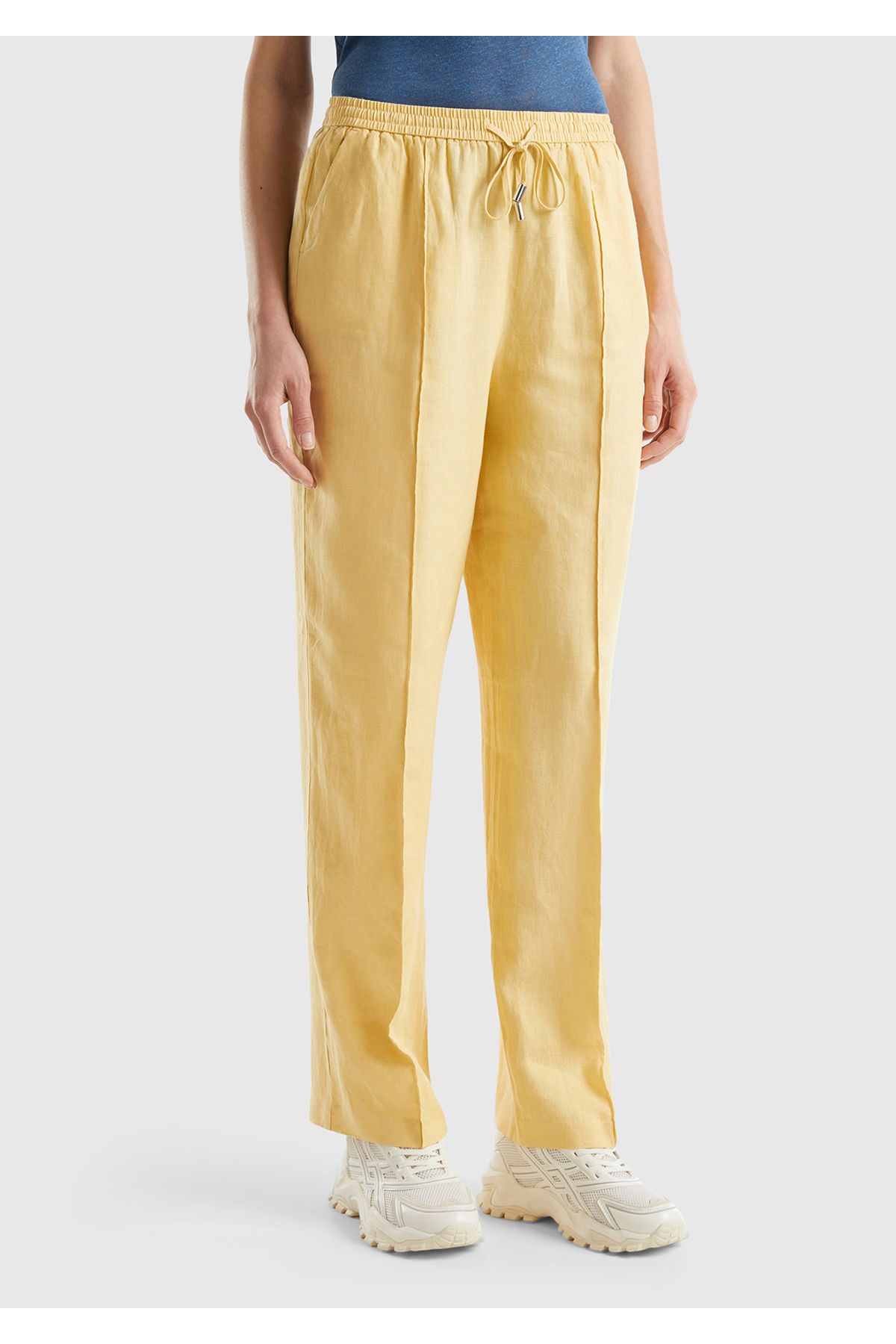 United Colors of Benetton Kadın Açık Sarı %100 Keten Beli Lastikli Rahat Kalıp Pantolon