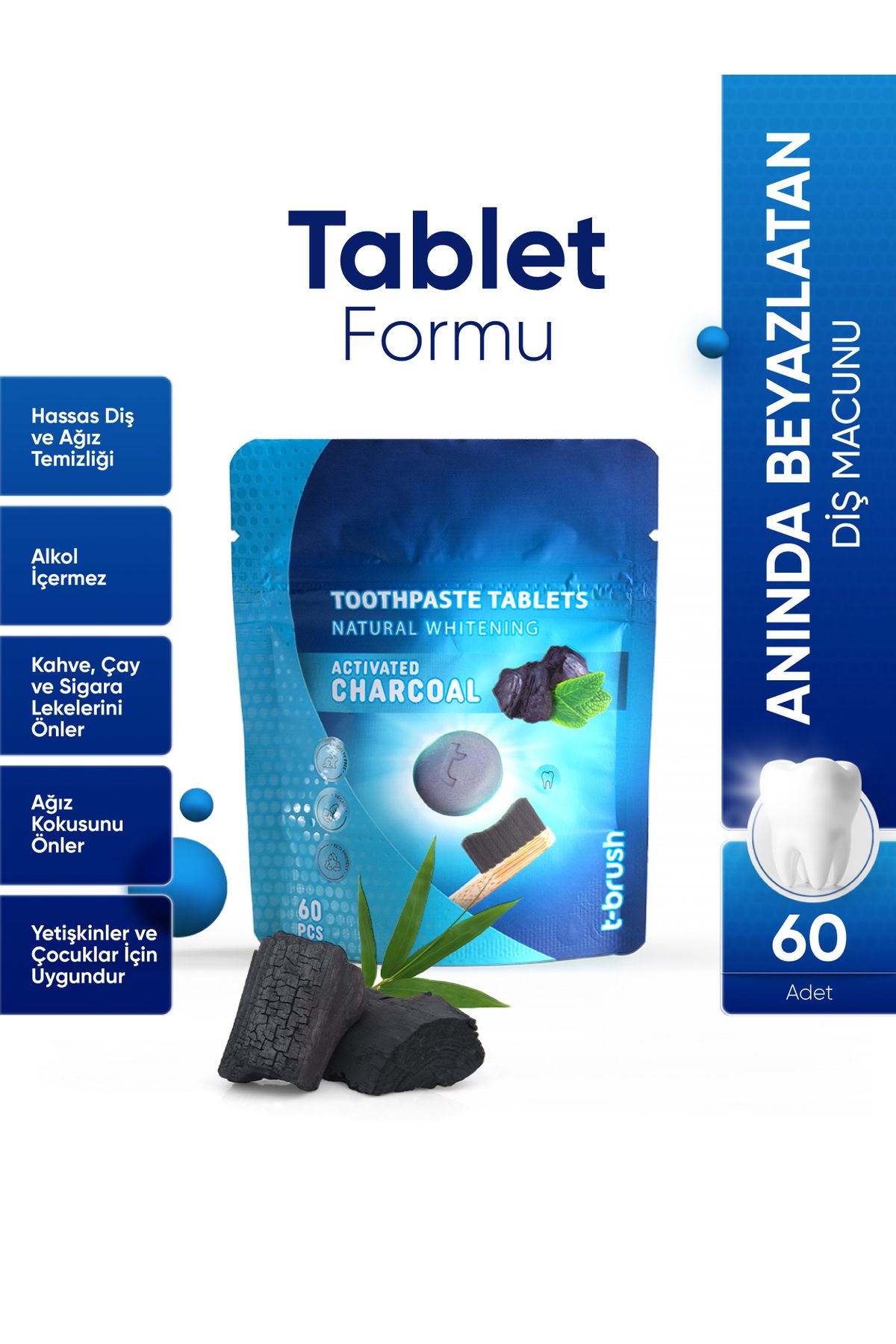 TBRUSH Beyazlatıcı Aktif Karbonlu Diş Macunu Tableti - Doğal Ve Etkili Beyazlatma 60Tablet
