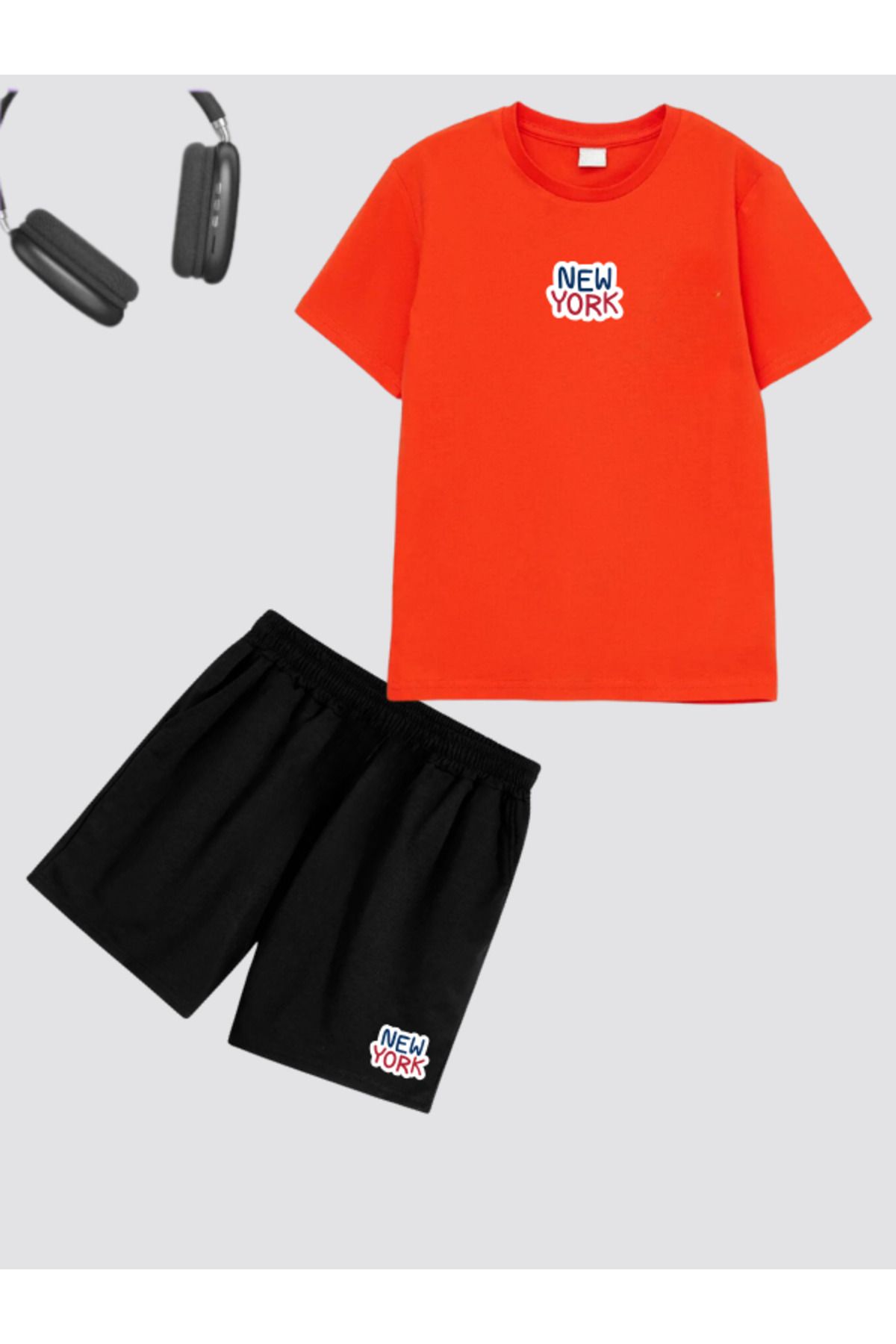 Boi New York City Baskılı Oversize Penye T-shirt-Regular Fit Şort İkili Tişört-Şort Takım-Alt-Üst Takm