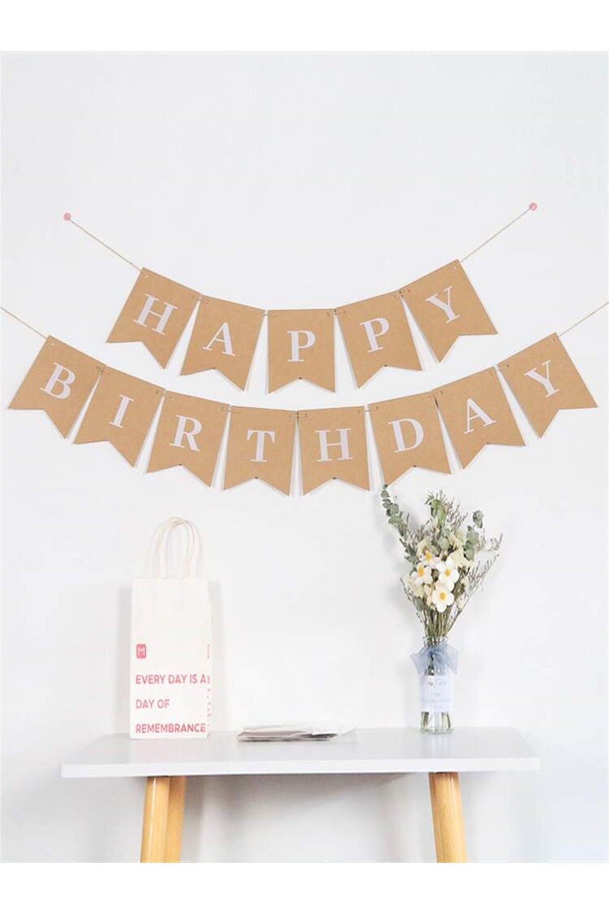 Partifabrik Kraft Renk Beyaz Retro Happy Birthday Yazı Süs