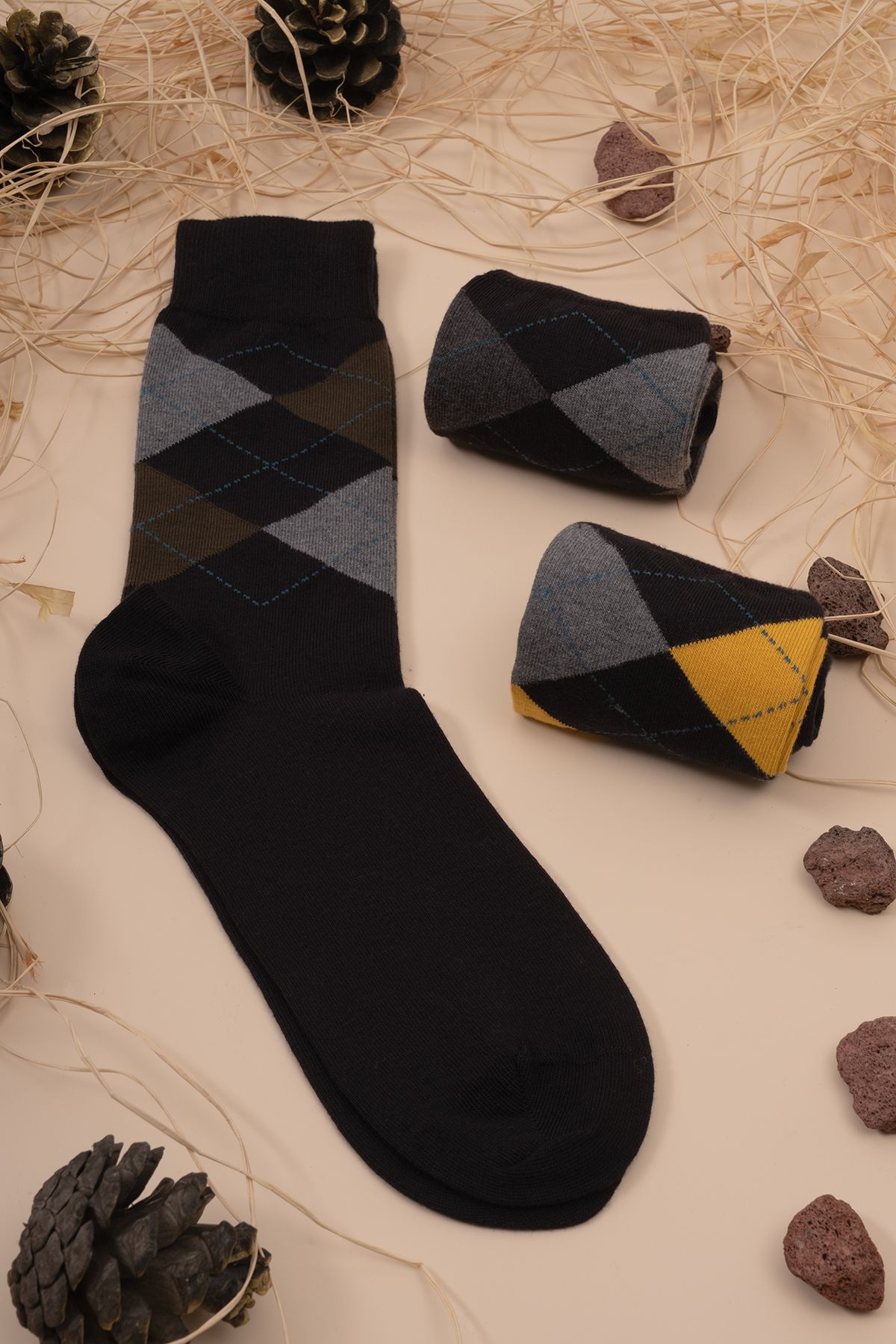 HİTRA 3'lü Baklava Desenli Dikişsiz Soket Erkek Çorap