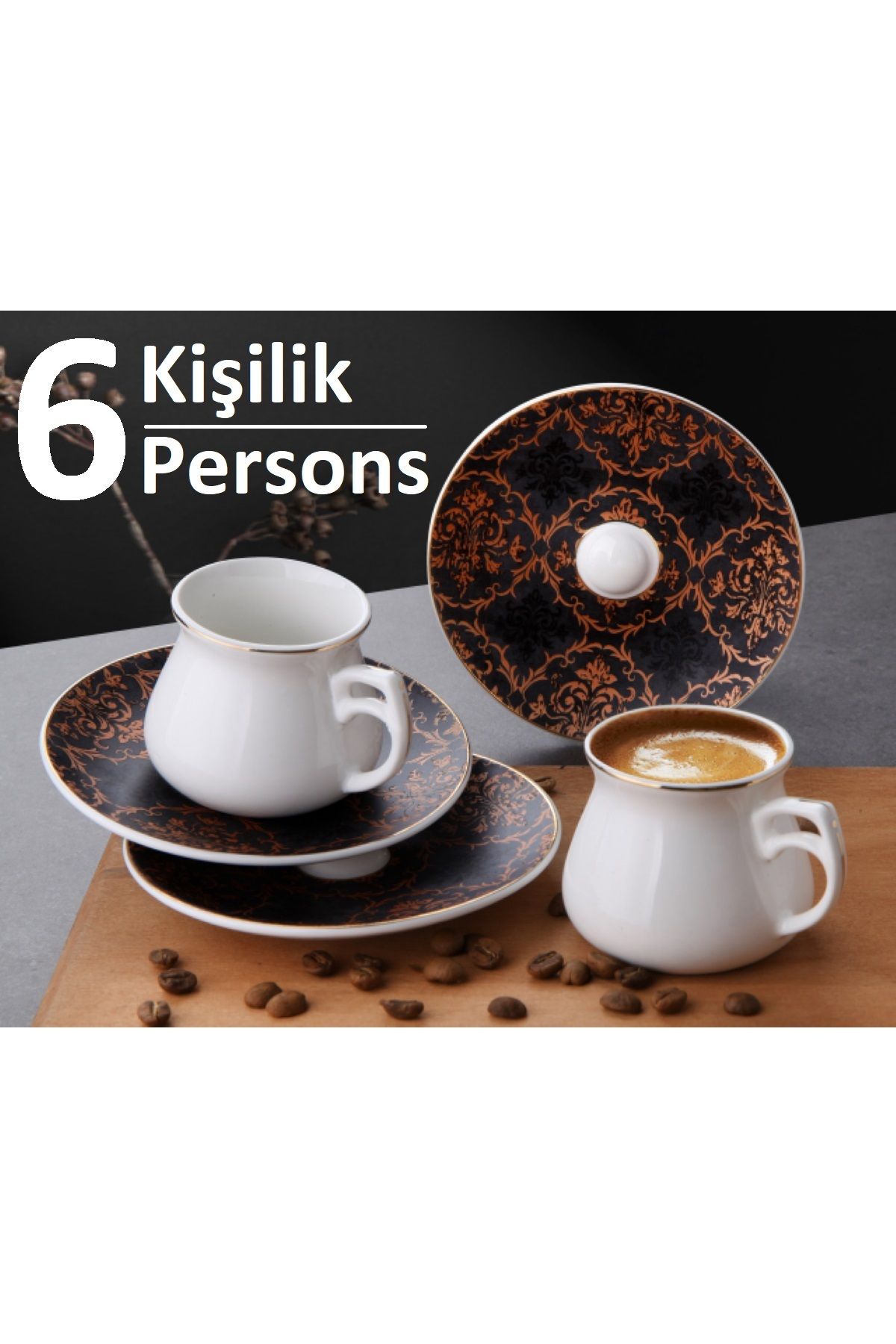 Pinkev 6 Kişilik Porselen Altın Yaldızlı Türk Kahvesi Kahve Fincanı Fincan Takımı Seti