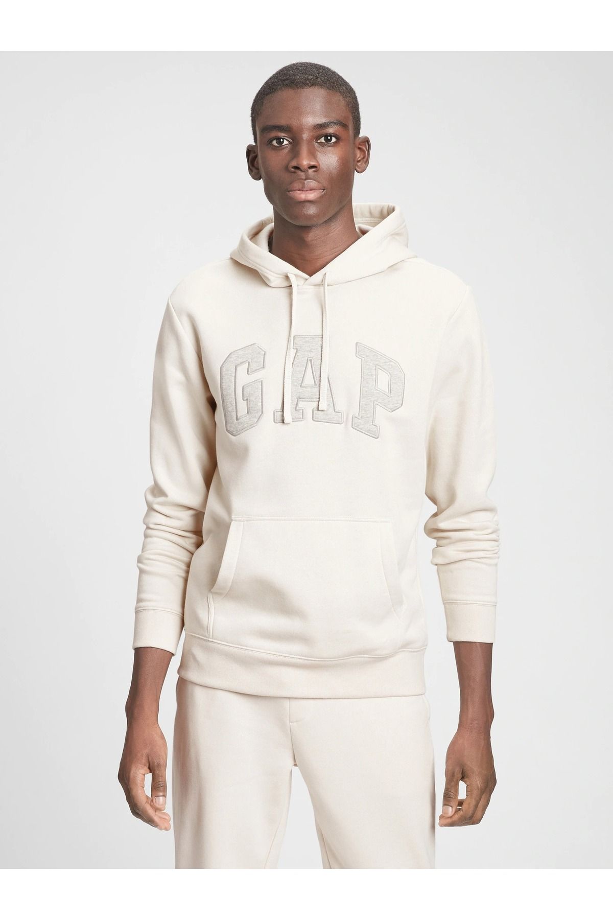 GAP Erkek Beyaz Gap Logo Kapüşonlu Fleece Sweatshirt