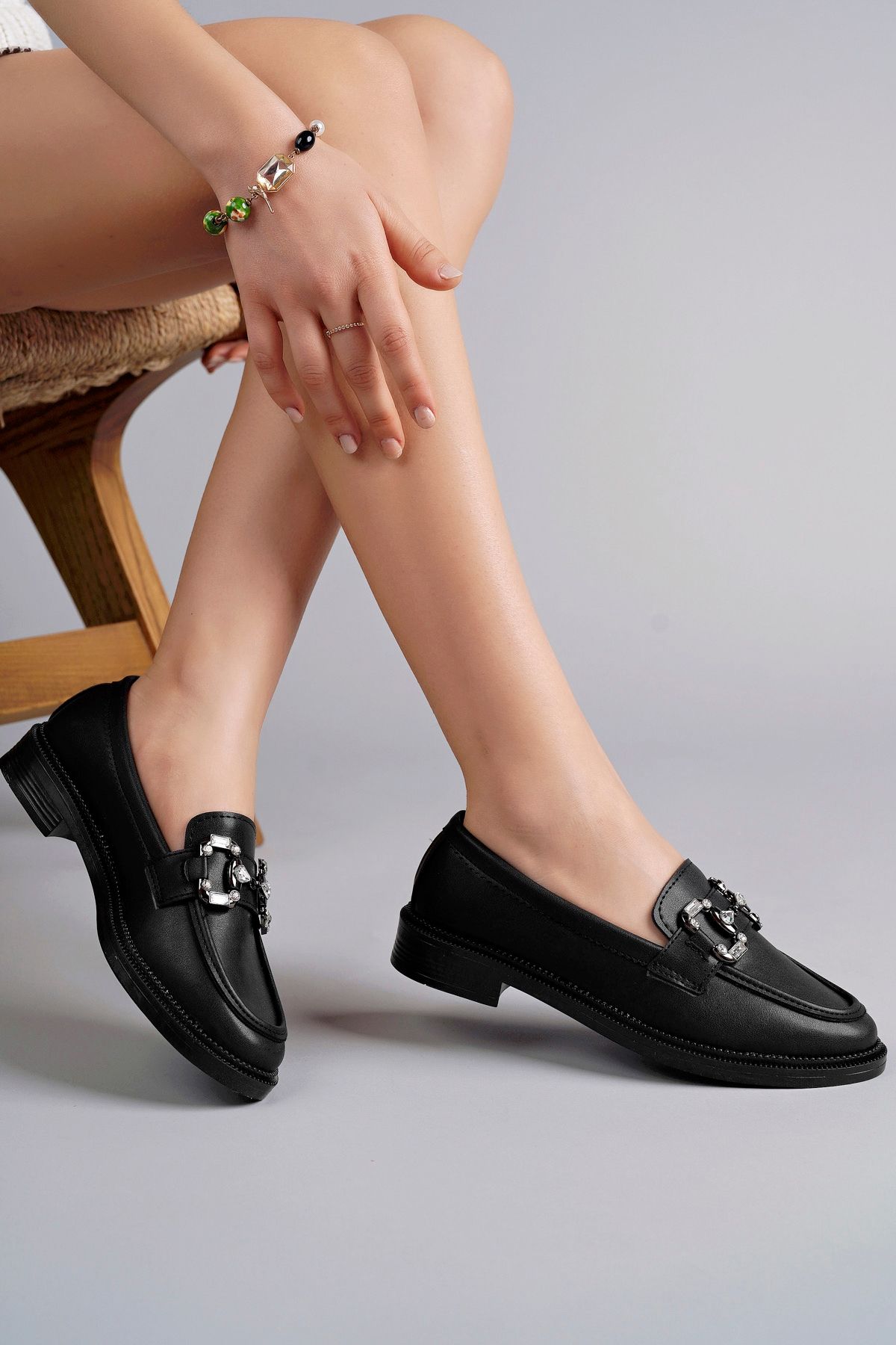 Freemax Kadın Anatomik Tasarım Taşlı Toka Oxford Loafer Ayakkabı Abb.2501 Siyah