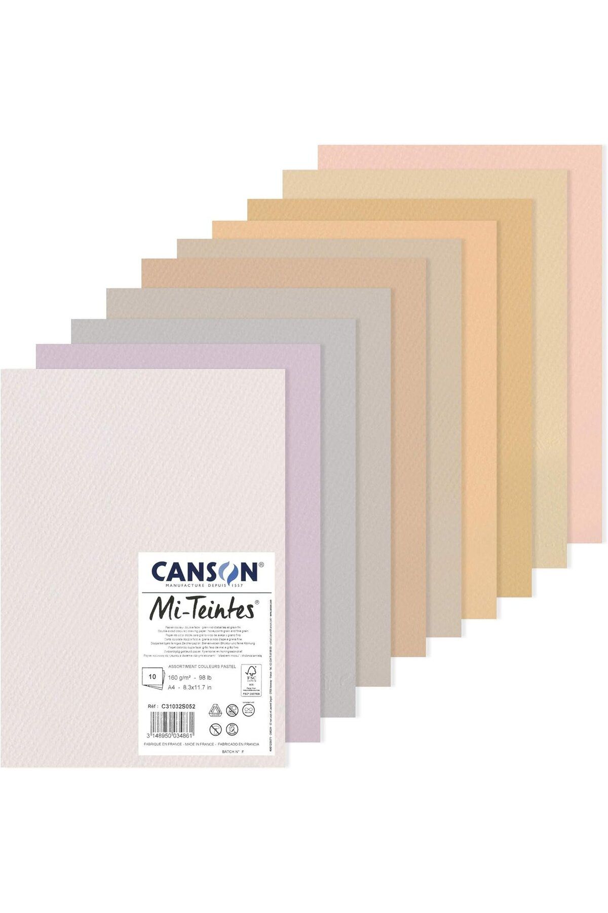 Canson Mi-Teintes 160gr A4 Renkli Çizim Kağıt Çift Taraflı Petek ve İnce Taneli 10 Pastel Renkler