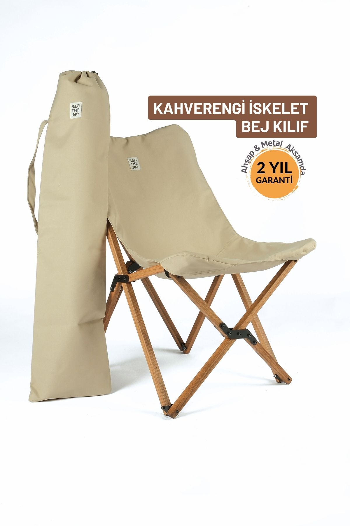 Bag The Joy Ahşap Katlanır Kamp & Bahçe Sandalyesi – Kahverengi Iskelet - Bej Kılıf