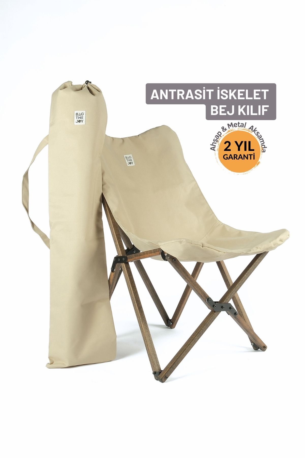 Bag The Joy Ahşap Katlanır Kamp & Bahçe Sandalyesi – Antrasit Iskelet - Bej Kılıf