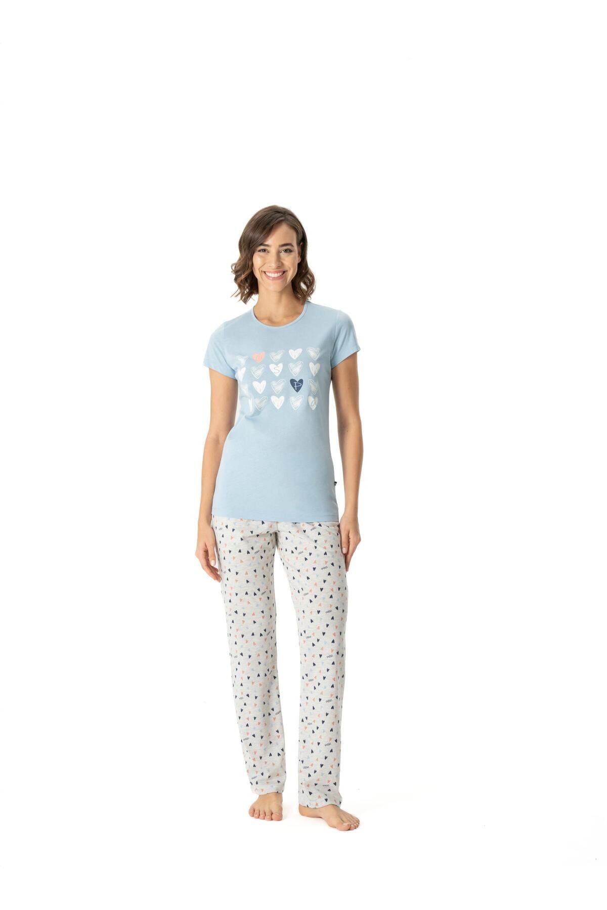 U.S. Polo Assn. Kadın Mavi Yuvarlak Yaka Cepli Pijama Takımı 17008