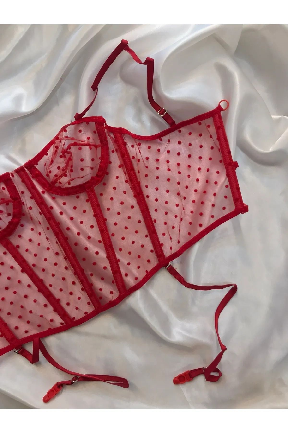 DERİN SECRET Kadın Kırmızı Balenli Puantiyeli Vintage Korse Büstiyer Bralet