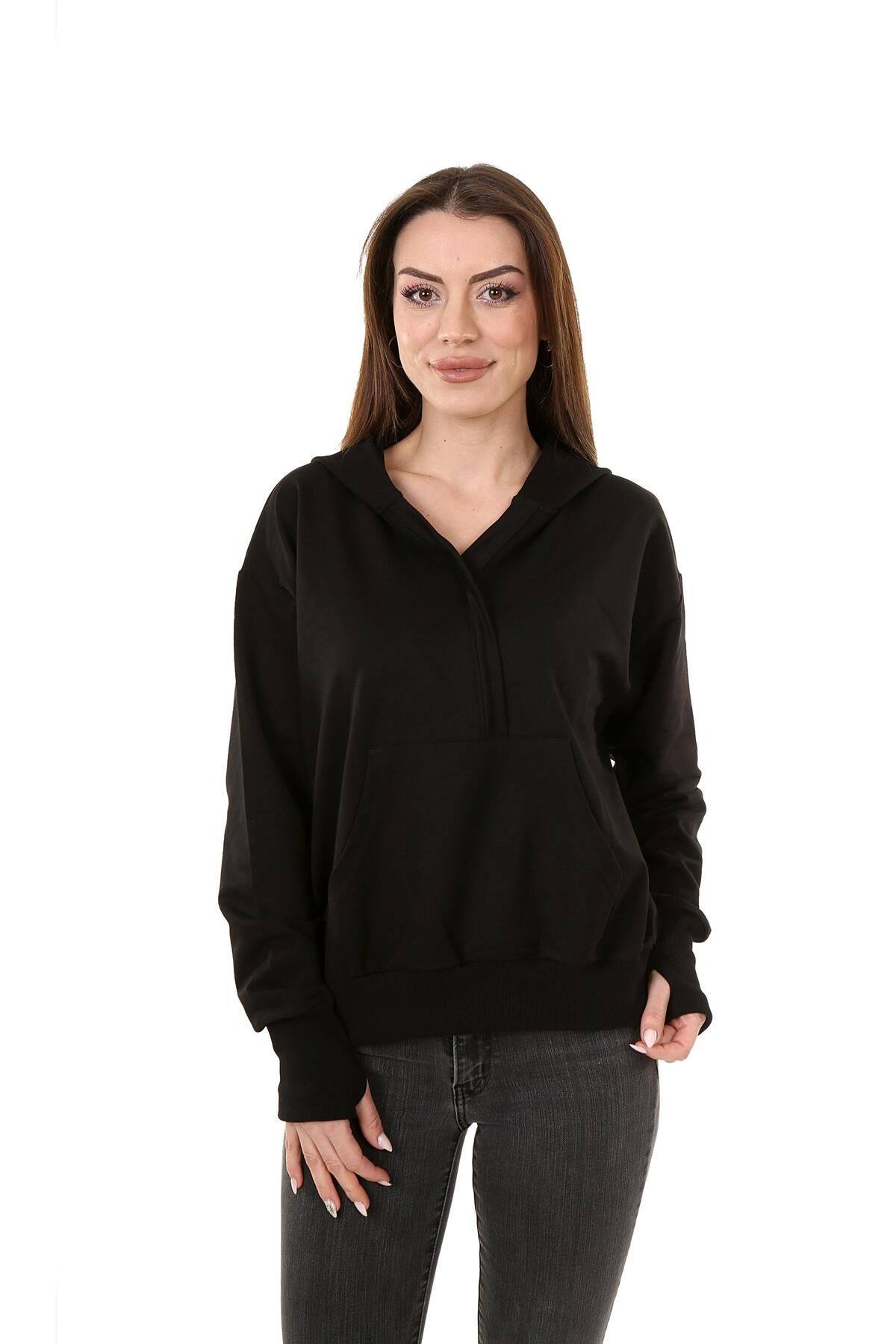 GRAB Kadın Kapüşonlu Yaka Pat Detaylı Cepli Siyah Sweatshirts