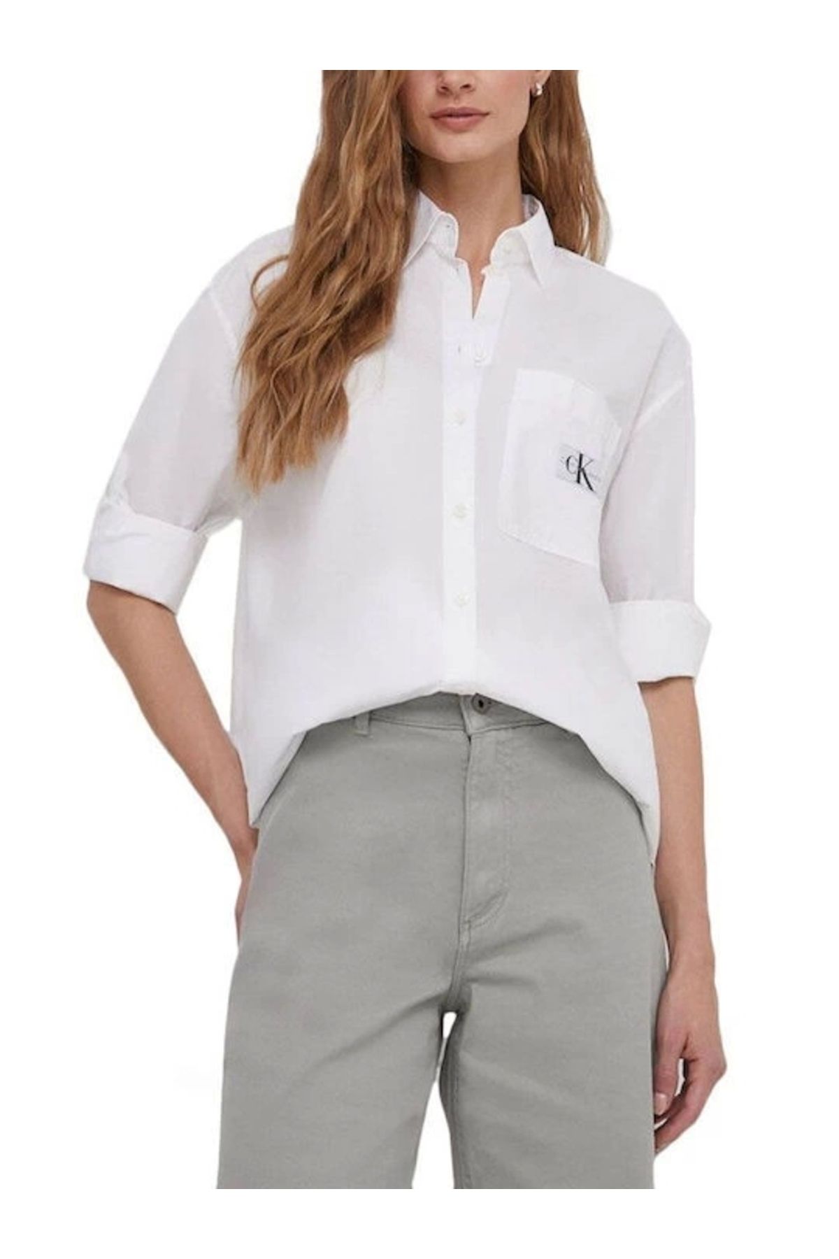 Calvin Klein Kadın Woven Label Beyaz Gömlek