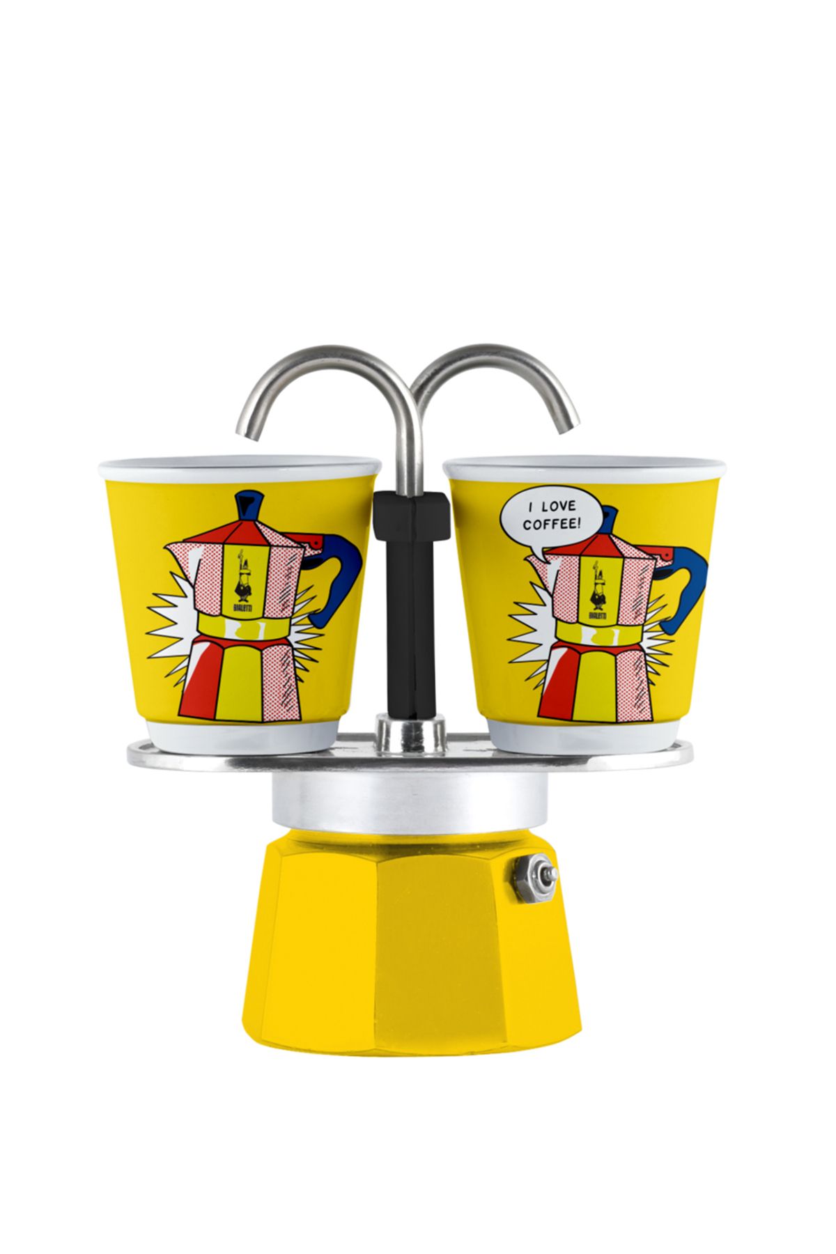 Bialetti Mini Express Sarı Mokapot Lictenstein ve 2 Espresso Fincanı