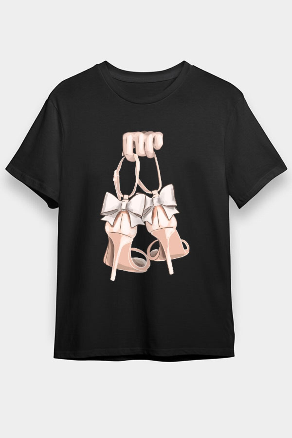 Darkhane Arkadan Fiyonklu Stiletto Fashion Siyah Unisex Tişört T-Shirt