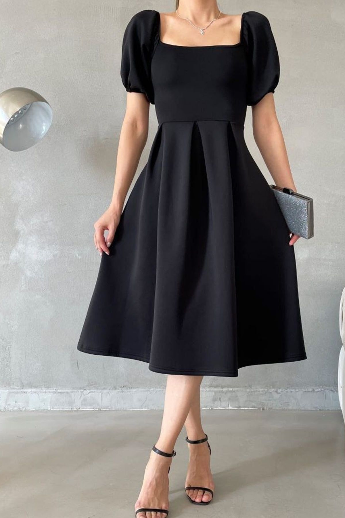 Secret Passion Lingerie Yeni Sezon Kadın Esnek Dalgıç Kumaş Kare Yaka Balon Kol Tasarım Siyah Midi Abiye Elbise 582613