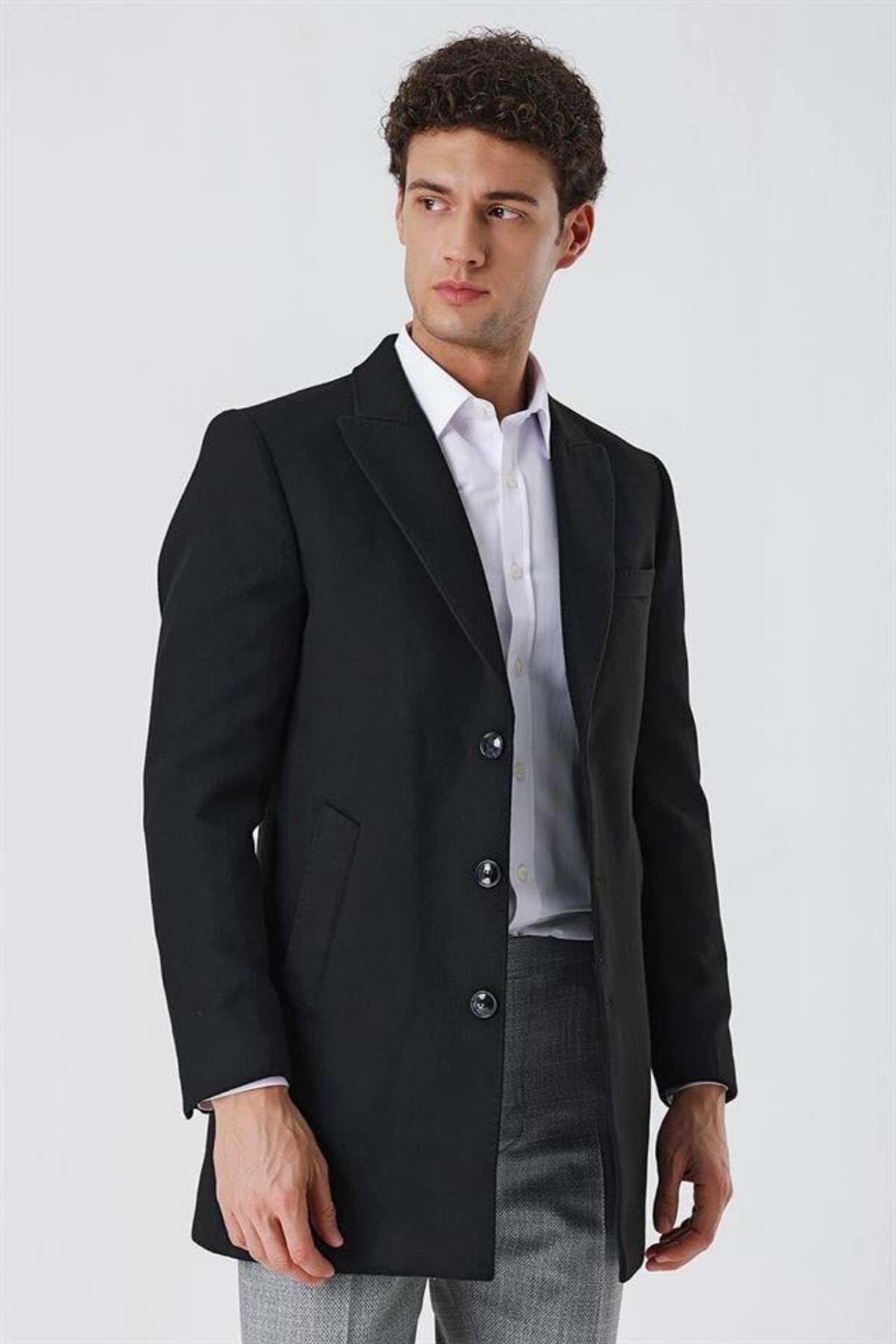 İmza Siyah Kaşe Kırlangıç Yaka Yırtmaçlı Astarlı Slim Fit Dar Kesim Klasik Palto 1005225157