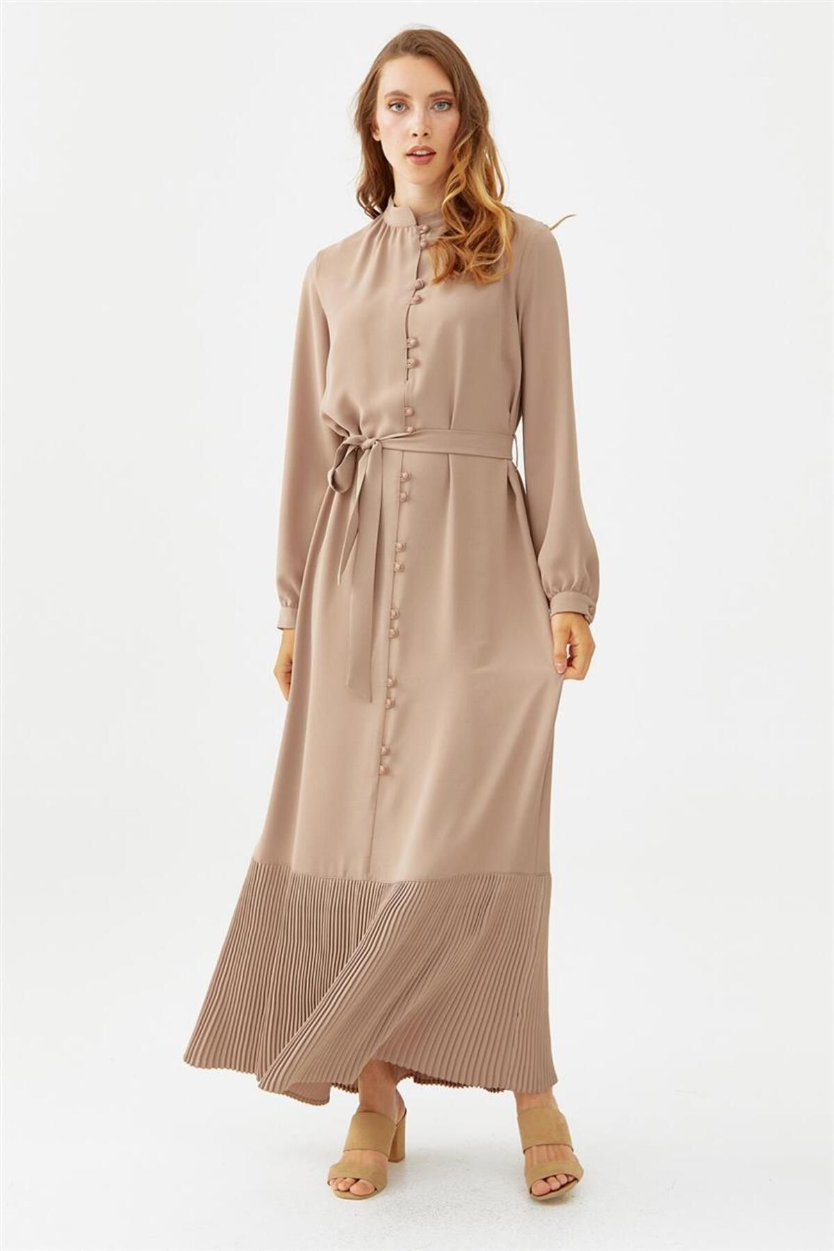 Doque Brit Düğmeli Eteği Piliseli Bej Elbise