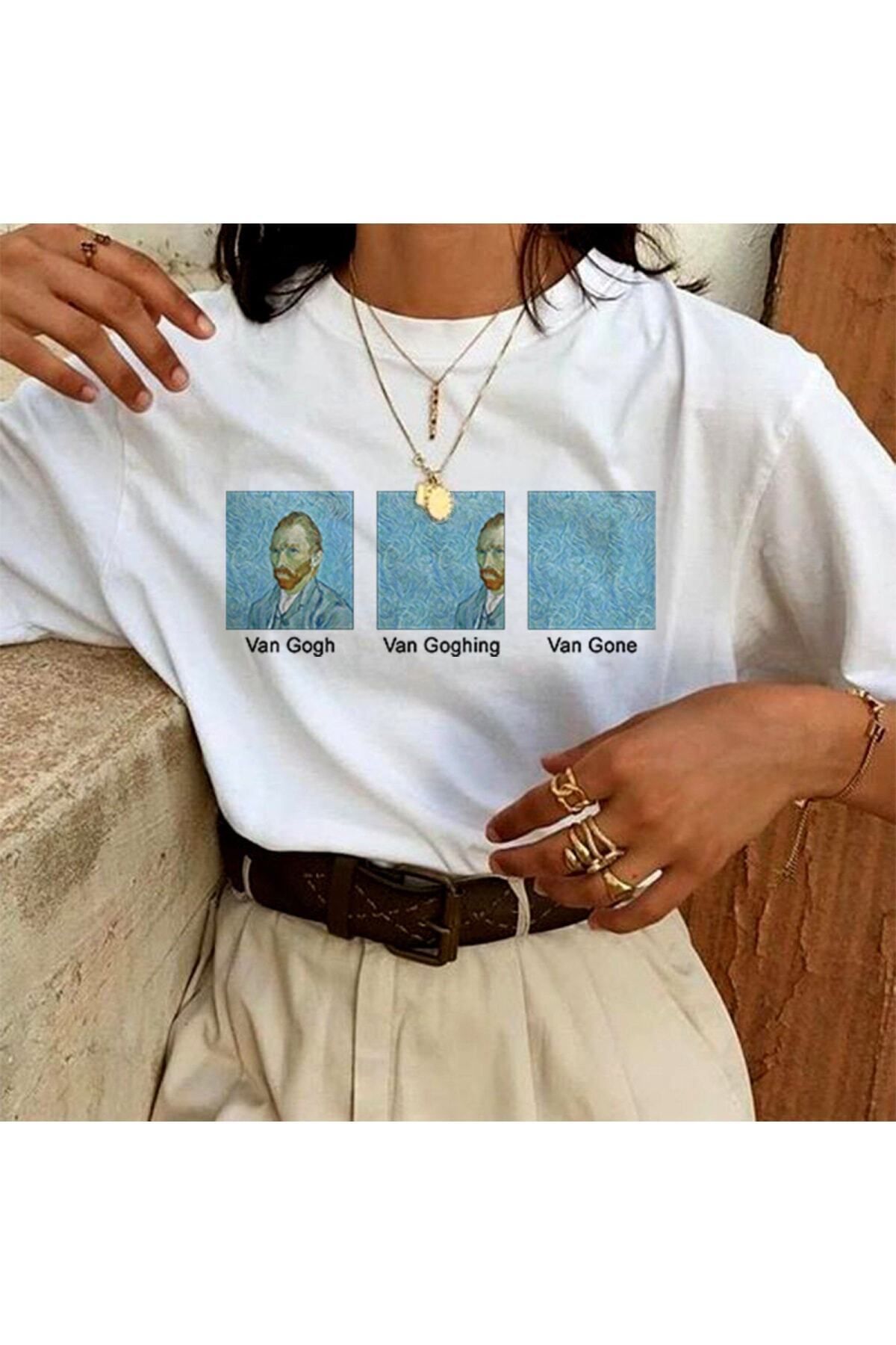 oneagılyazı Pamuk Penye Kumaş Oversize Van Gogh Baskılı Beyaz Tshirt