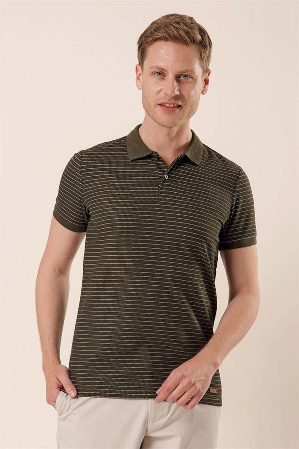 İmza Koyu Haki Kısa Kollu Çizgili Armürlü Polo Yaka Casual Slim Fit Dar Kesim T-shirt 1011230164
