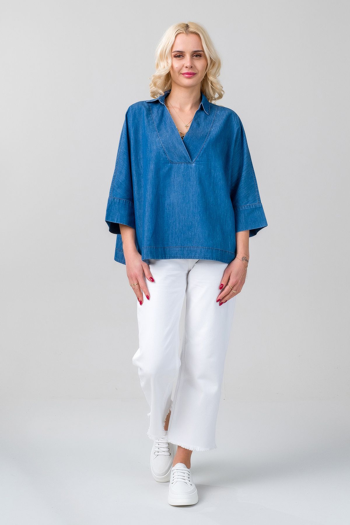 Bold & Young Kadın Gömlek Yakalı Yaka İndigo Mavi Kol Ucu Manşetli İnce Kot Kumaş Bluz
