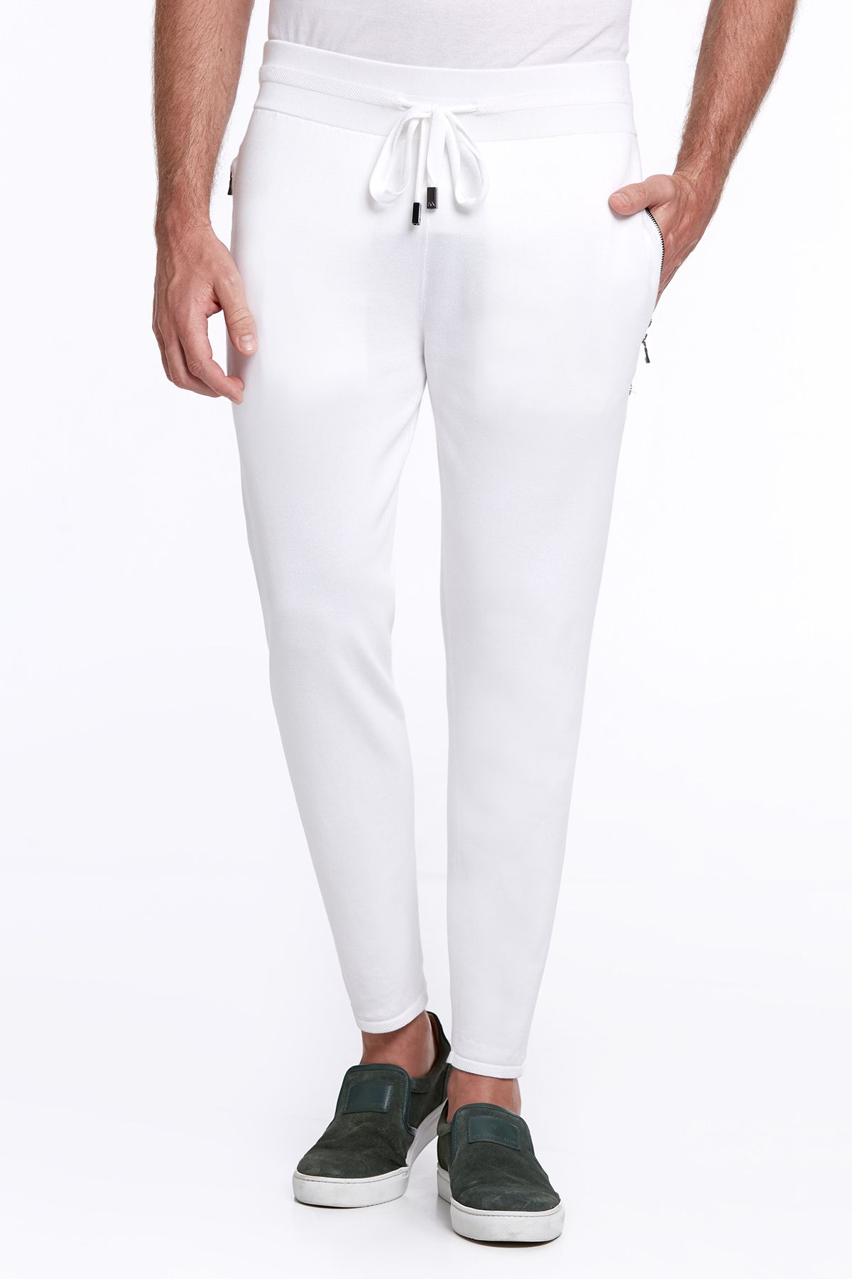 Hemington Nakış Logolu Bağcıklı Kırık Beyaz Triko Pantolon