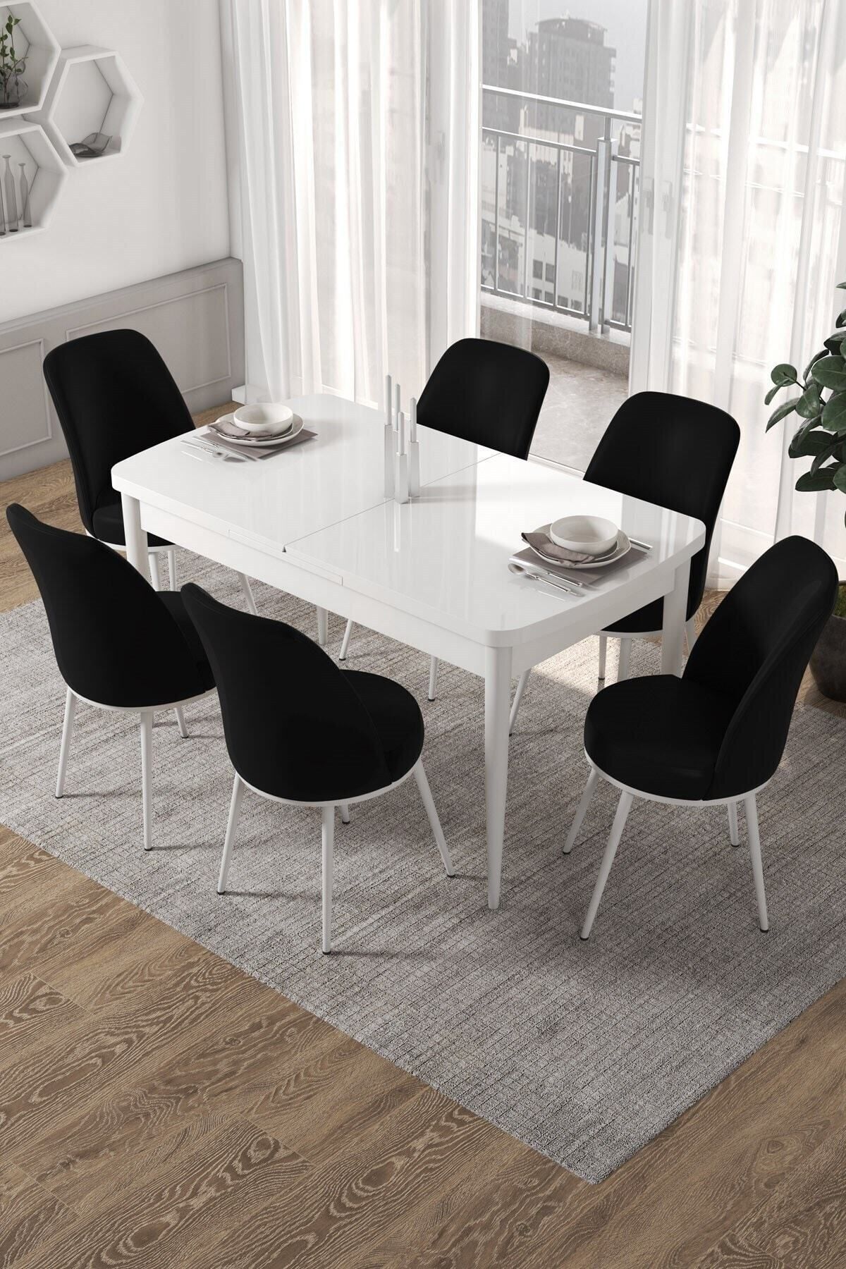 Canisa Via Serisi, Beyaz Açılabilir 80x132 Yemek Masası Takımı 6 Siyah Sandalye