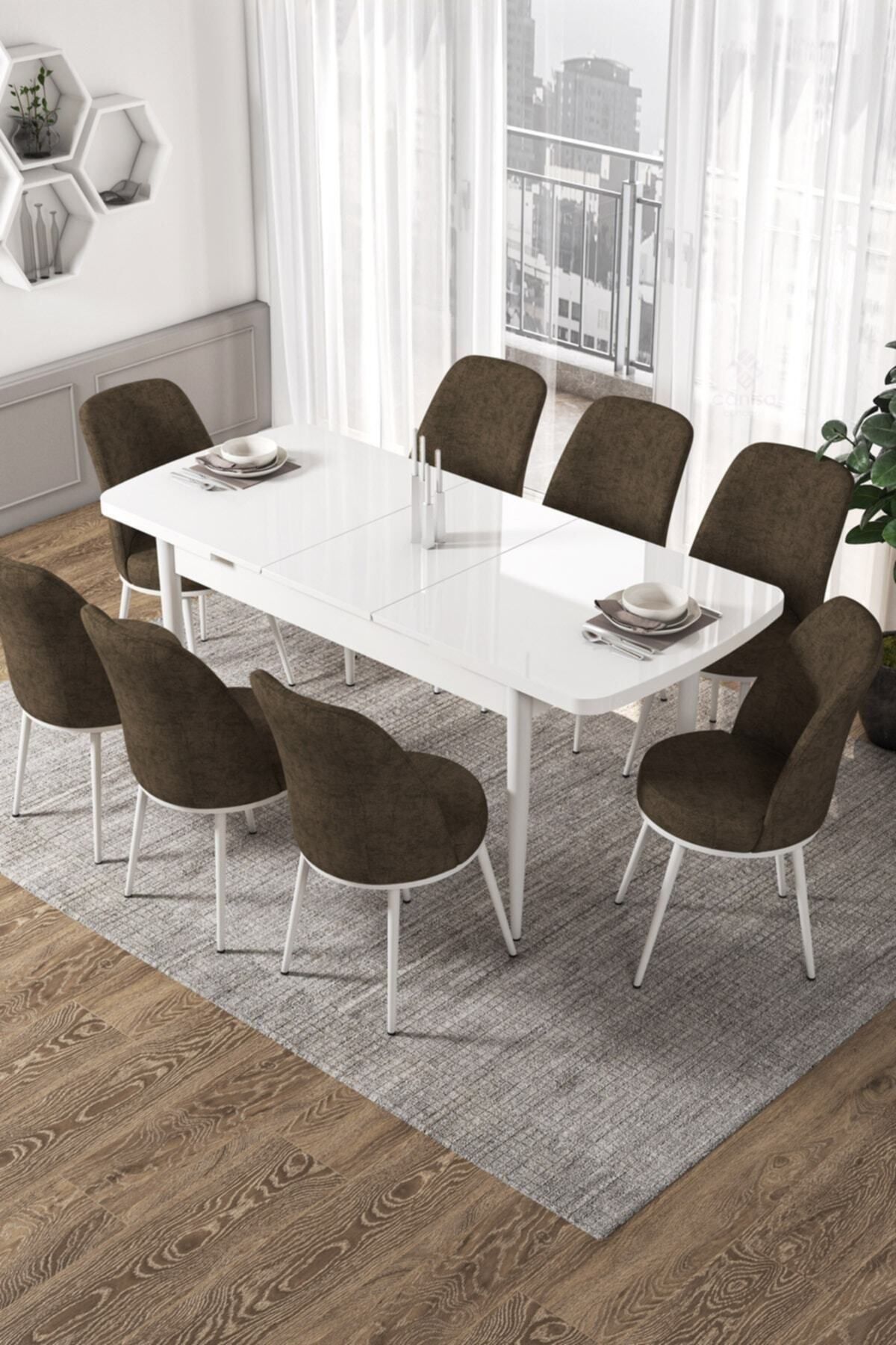 Canisa Concept Via Serisi Açılabilir Mutfak Masası Takımı-beyaz Masa+8 Adet Kahverengi Sandalye