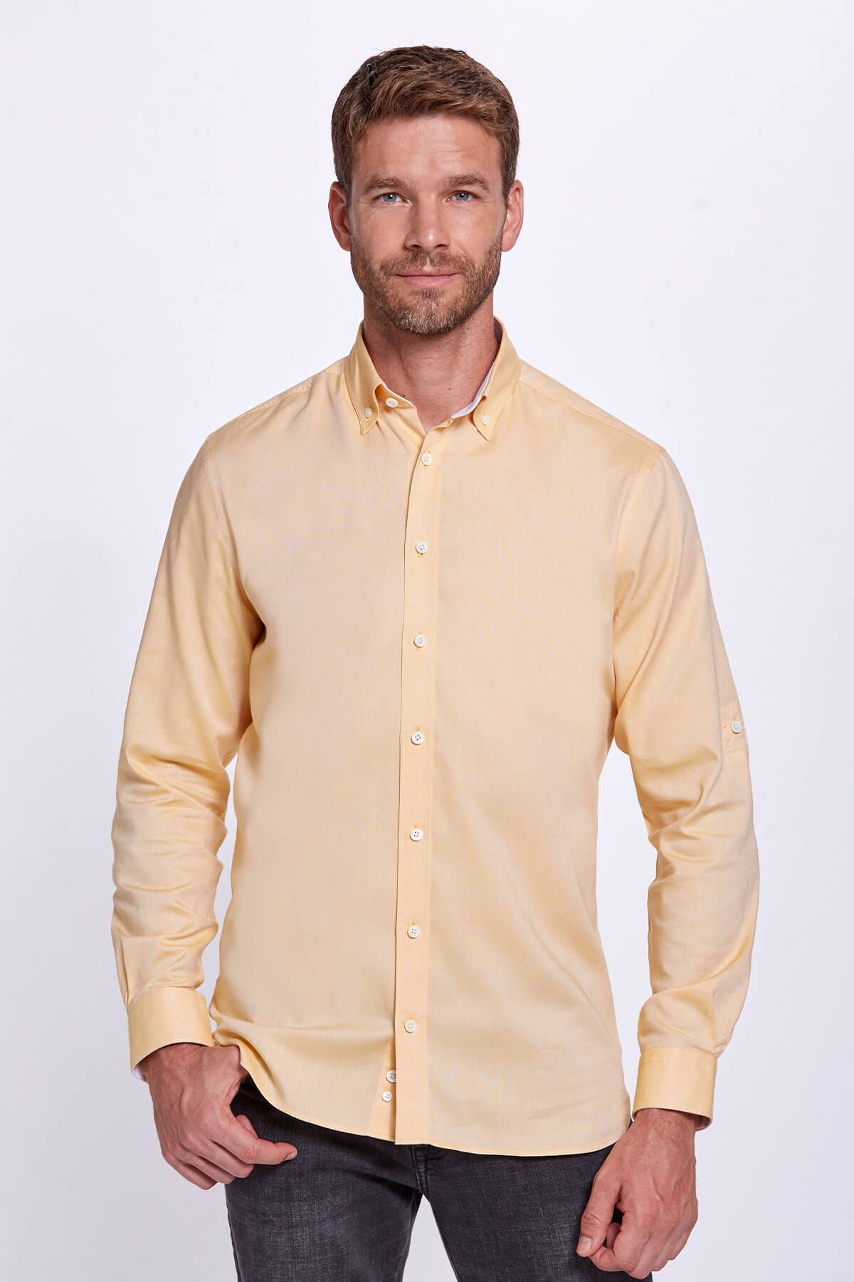 Hemington Düğmeli Yaka Sarı Saf Pamuk Gömlek