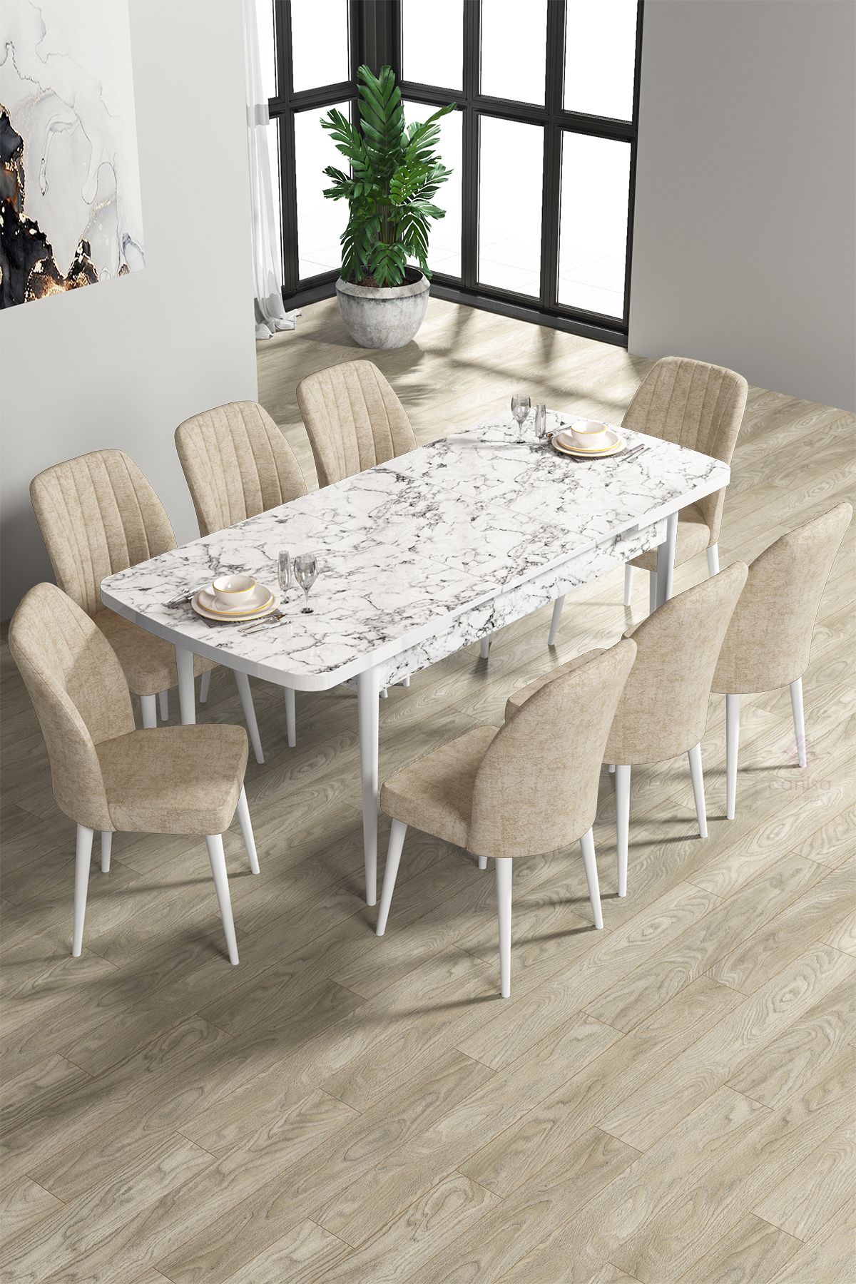Canisa Zen Serisi Mdf Açılabilir Mutfak Masası Takımı Beyaz Mermer Desen Masa 8 Adet Krem  Sandalye