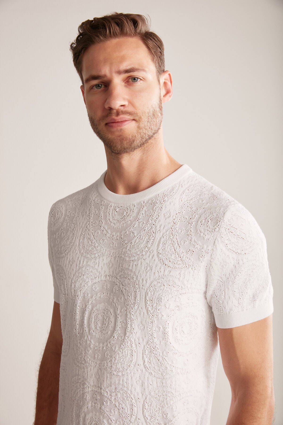 Hemington Ajur Örgü Detaylı Kırık Beyaz Triko T-Shirt