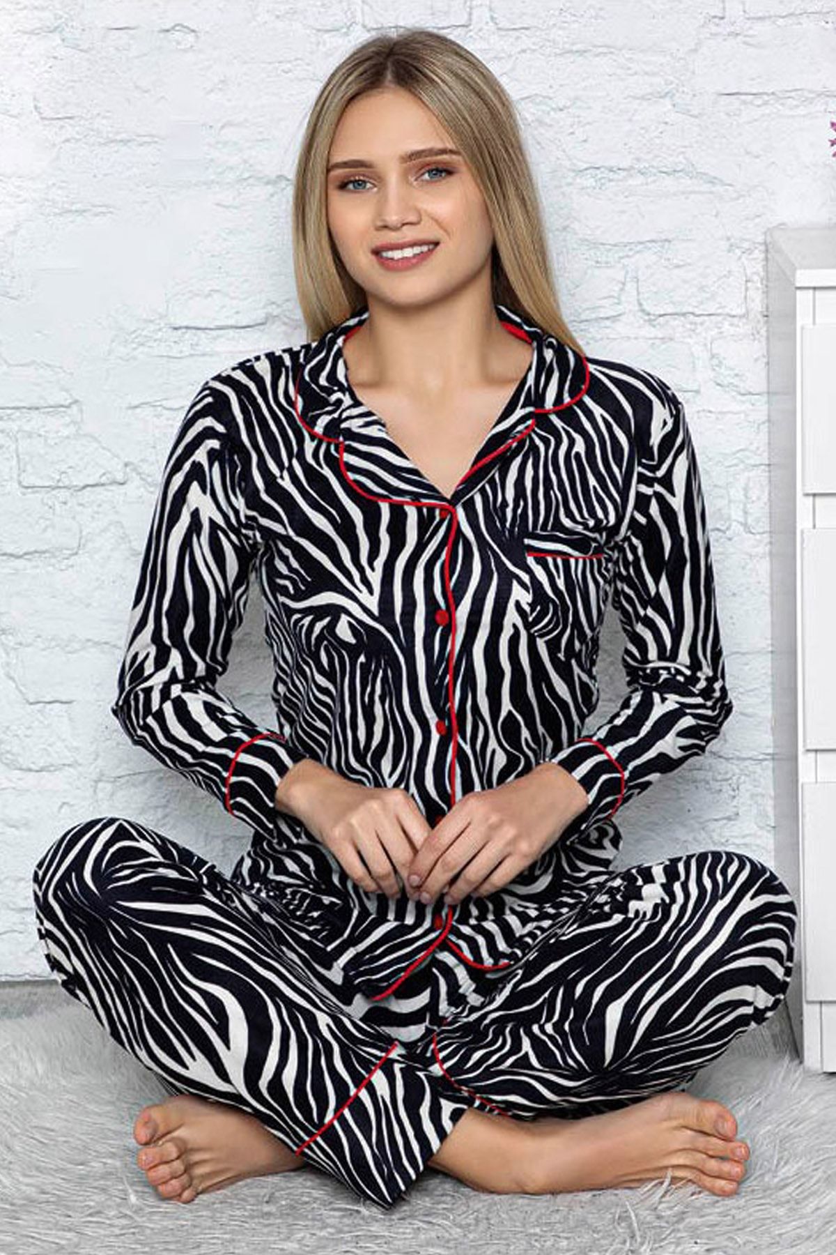 Jacob Carter Kadın Düğmeli Uzun Kol Örme Kışlık Bayan Pijama Takımı 9002
