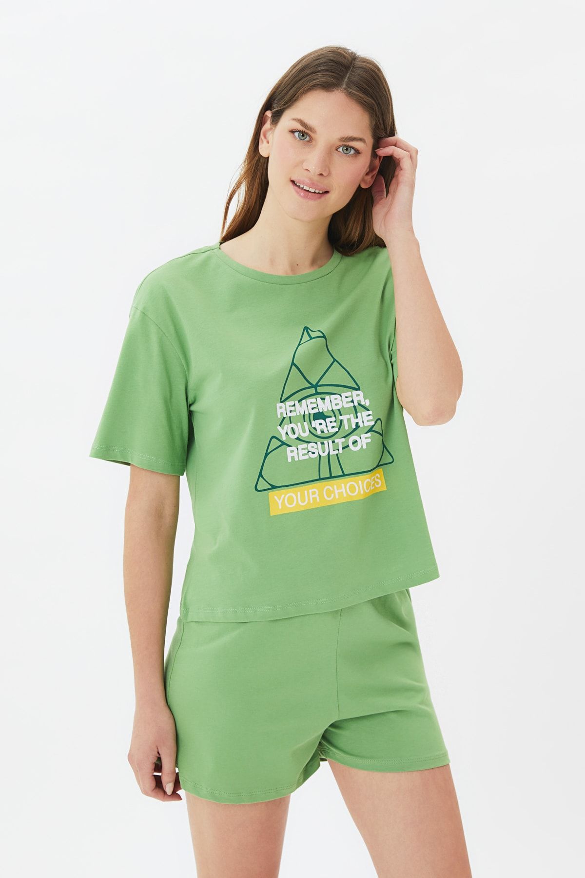 TRENDYOLMİLLA Yeşil Sloganlı Örme Pijama Takımı THMSS21PT1048